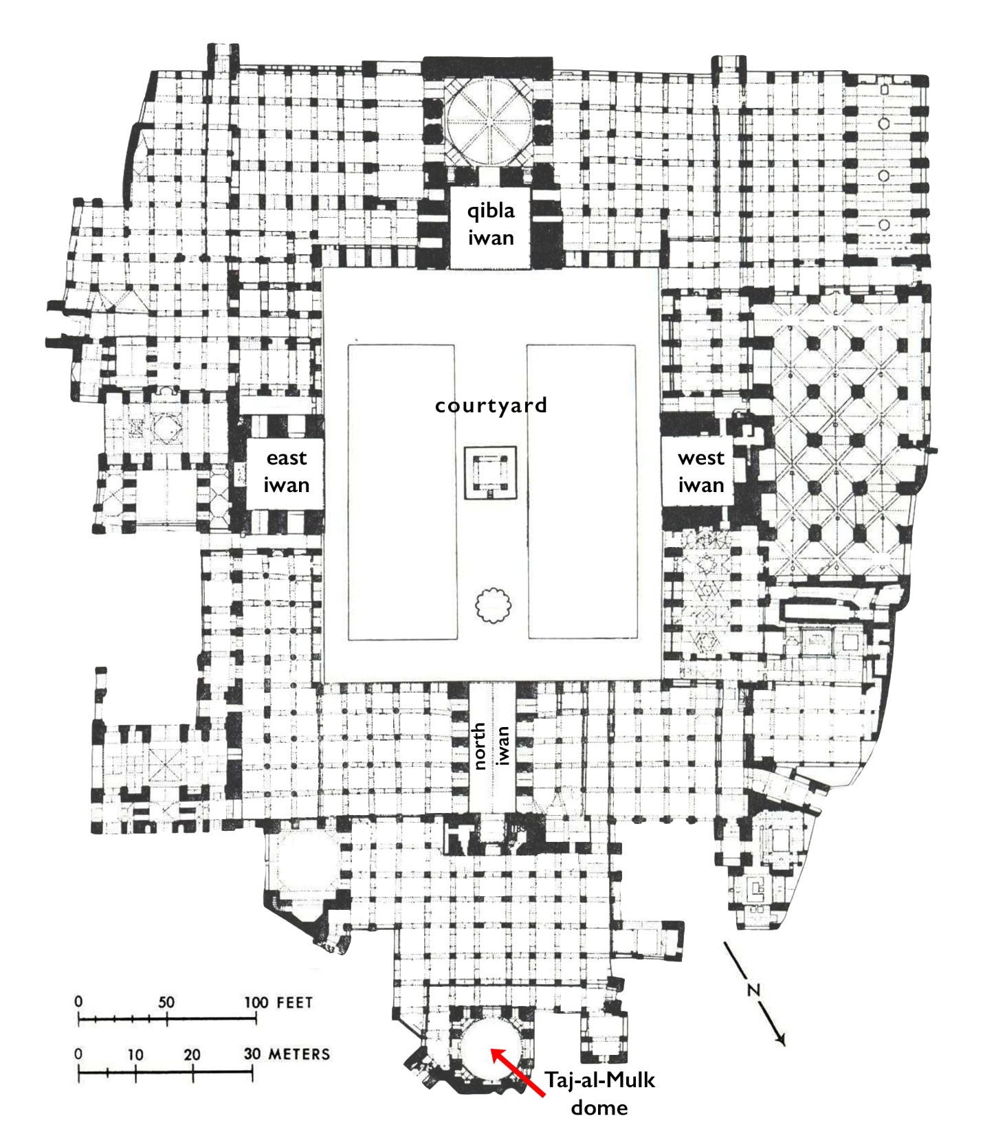 Architectural floor plan showing layout of The Great Mosque of Isfahan complex with central courtyard surrounded by four iwans labeled qibla, east, west, and north. Scale bars in feet and meters, north arrow, and a red arrow marking Taj-al-Mulk dome are included for orientation and measurement.
