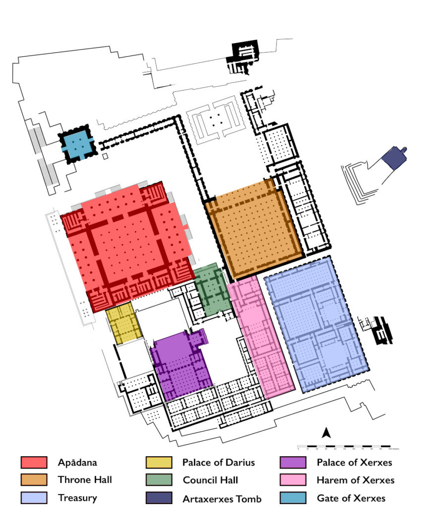 Architectural floor plan of Persepolis complex with color-coded sections representing Apadana (red), Throne Hall (orange), Treasury (blue), Palace of Darius (yellow), Council Hall (green), Artaxerxes Tomb (purple), Palace of Xerxes (light purple), Harem of Xerxes (pink), and Gate of Xerxes (dark blue). The plan includes detailed room layouts, connecting corridors, and a scale bar for spatial reference.