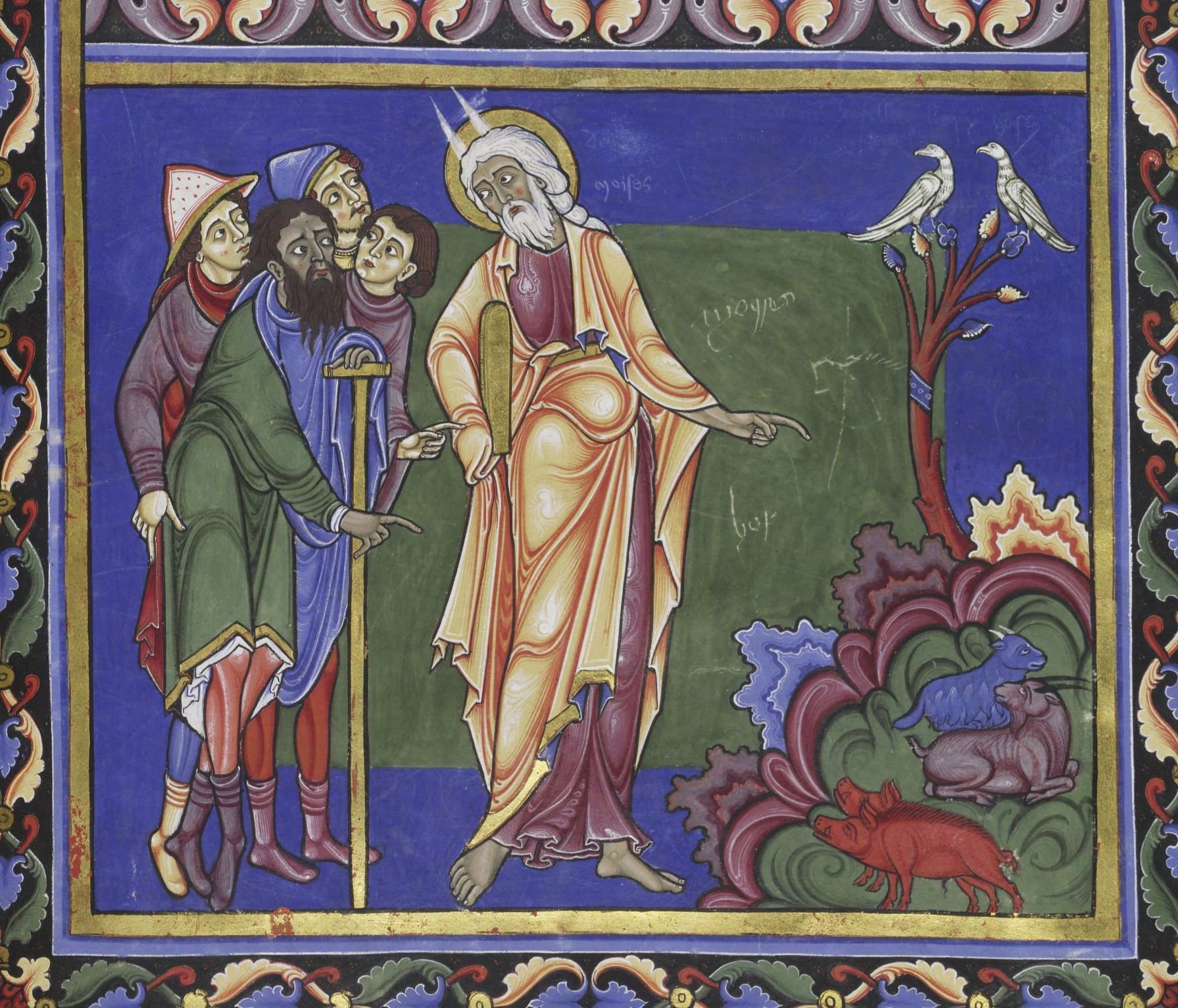 Medieval illuminated manuscript illustration depicting a bearded figure with a halo, possibly a prophet or saint, pointing at a green board with inscriptions while four men in colorful robes attentively listen. The scene includes symbolic animals like birds on a tree and various creatures on the ground, framed by an ornate floral border with vibrant blue, red, and gold colors.