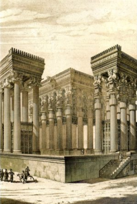 A detailed illustration of an ancient Persian palace featuring tall, ornate columns with intricate capitals and a raised platform accessed by stairs. The scene includes small human figures near the structure, emphasizing the grand scale and architectural complexity of the building.
