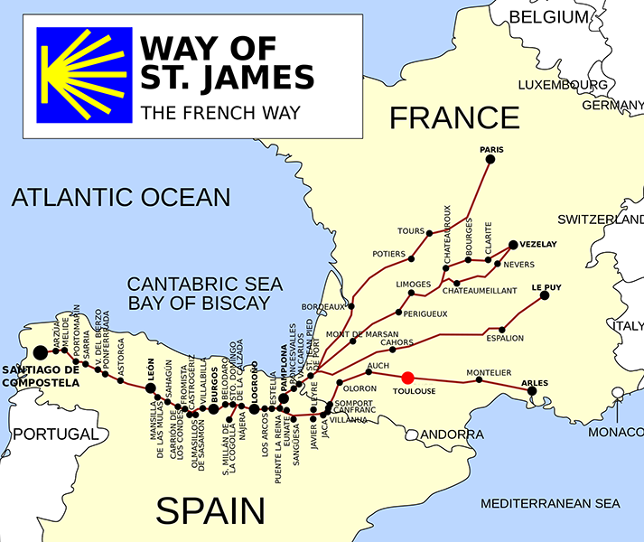 Map showing Way of St. James pilgrimage routes across France and Spain, highlighting the French Way leading to Santiago de Compostela. Key cities and towns are marked with black dots and labels, with red lines tracing multiple routes from Paris, Arles, and other locations converging towards Spain.