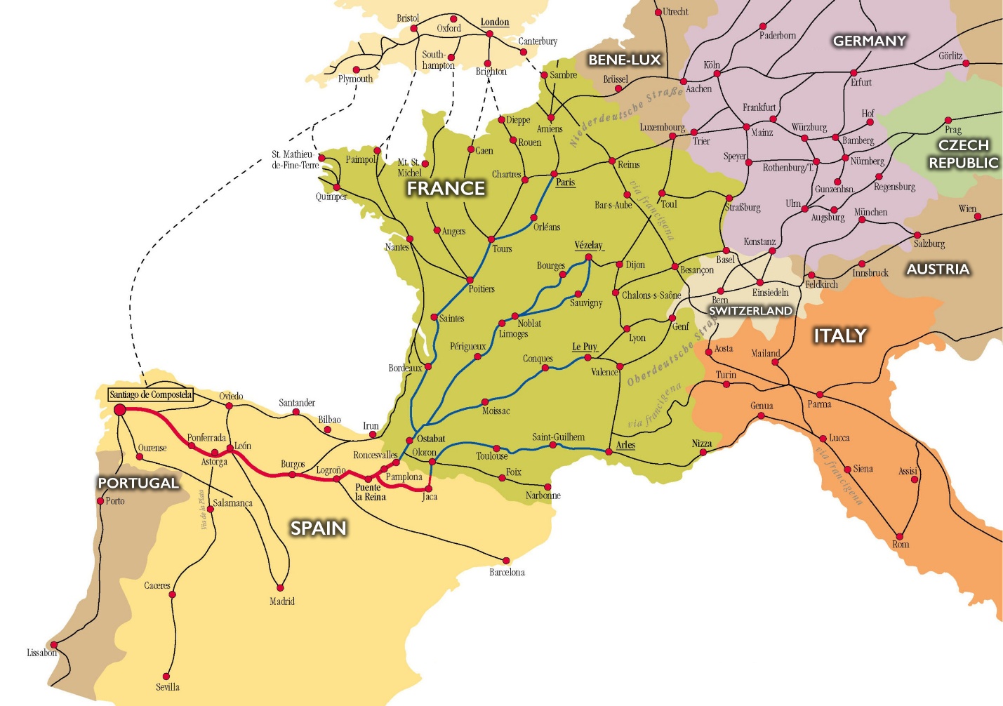 Map showing major pilgrimage routes across Western Europe, including countries like Spain, Portugal, France, Italy, Germany, and Switzerland. Key cities and connections are marked with red and black lines, highlighting important hubs and cross-border links between countries.