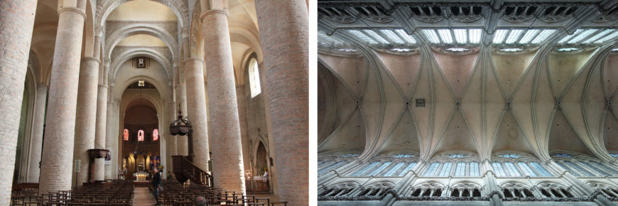 Photograph showing two views of a cathedral interior: a longitudinal view of nave with tall columns and arched ceilings on the left, and a ceiling view highlighting ribbed vaults and clerestory windows on the right. Both views emphasize architectural details, light filtering through windows, and structural elements typical of Gothic and Romanesque design.