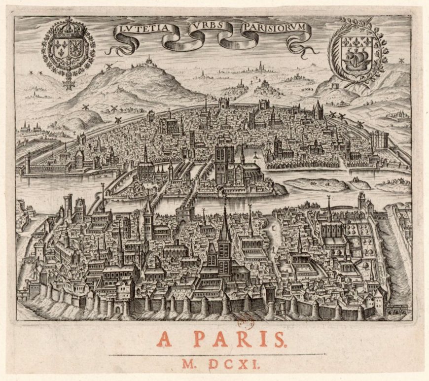 A detailed black and white historical map depicting Paris in 1611, showcasing city walls, numerous buildings, churches, and bridges over the Seine River. The map features two ornate crests at the top corners, a banner with Latin text, and the title "A Paris M. DCXI" at the bottom, highlighting architectural layout and urban structure of early 17th-century Paris.