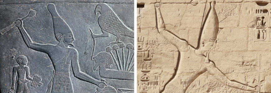 Two side-by-side photographs of ancient Egyptian wall carvings depict figures wearing traditional headdresses and holding weapons. The left carving is darker with a falcon and hieroglyphs, while the right carving is lighter with raised arms and additional hieroglyphs in the background.