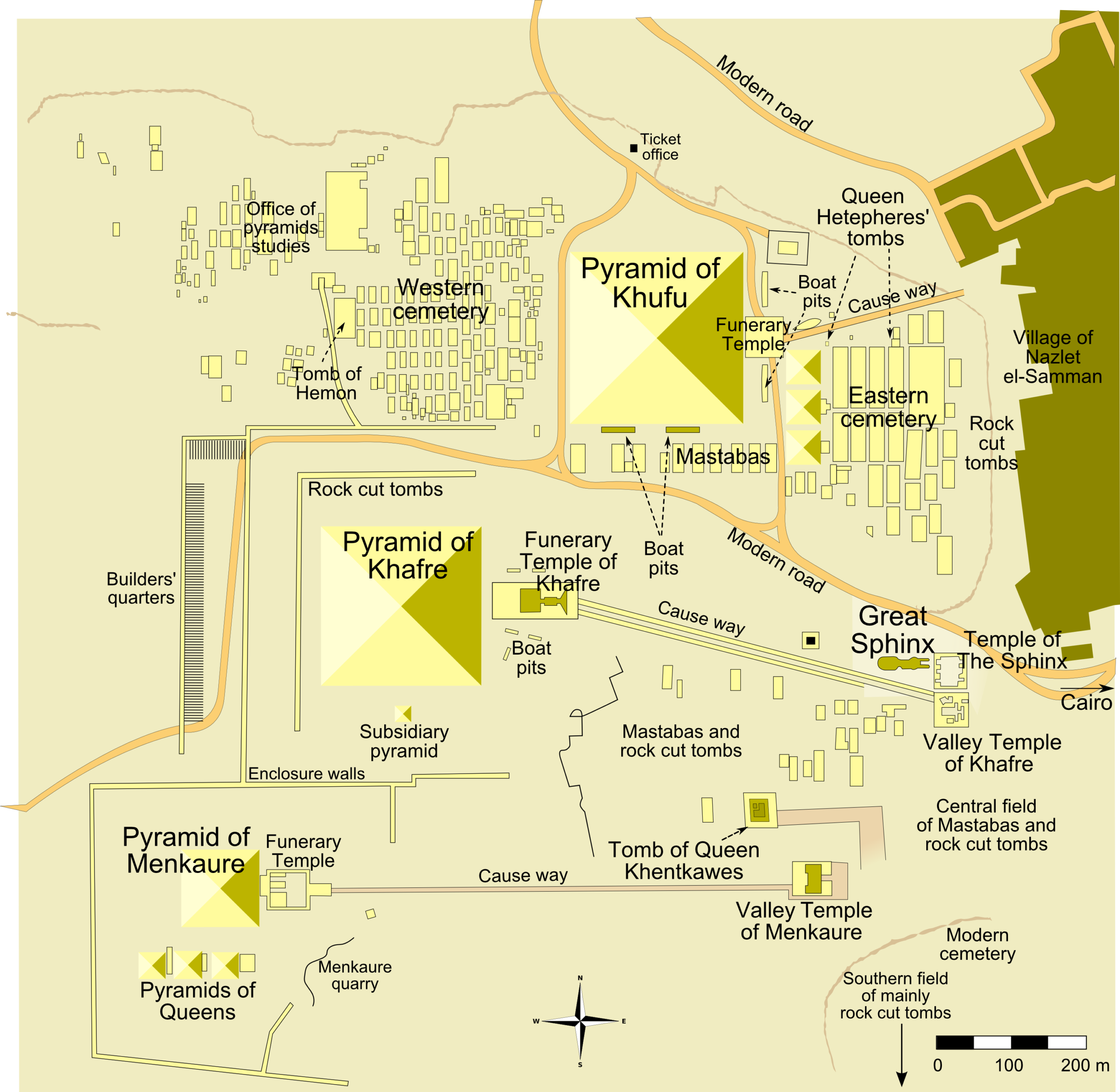 Map of Giza pyramid complex showing locations of Pyramid of Khufu, Pyramid of Khafre, and Pyramid of Menkaure along with associated cemeteries, temples, tombs, and notable landmarks like Great Sphinx. Key components include labeled areas in yellow and brown, modern roads, boat pits, causeways, and scale bar indicating distances up to 200 meters.
