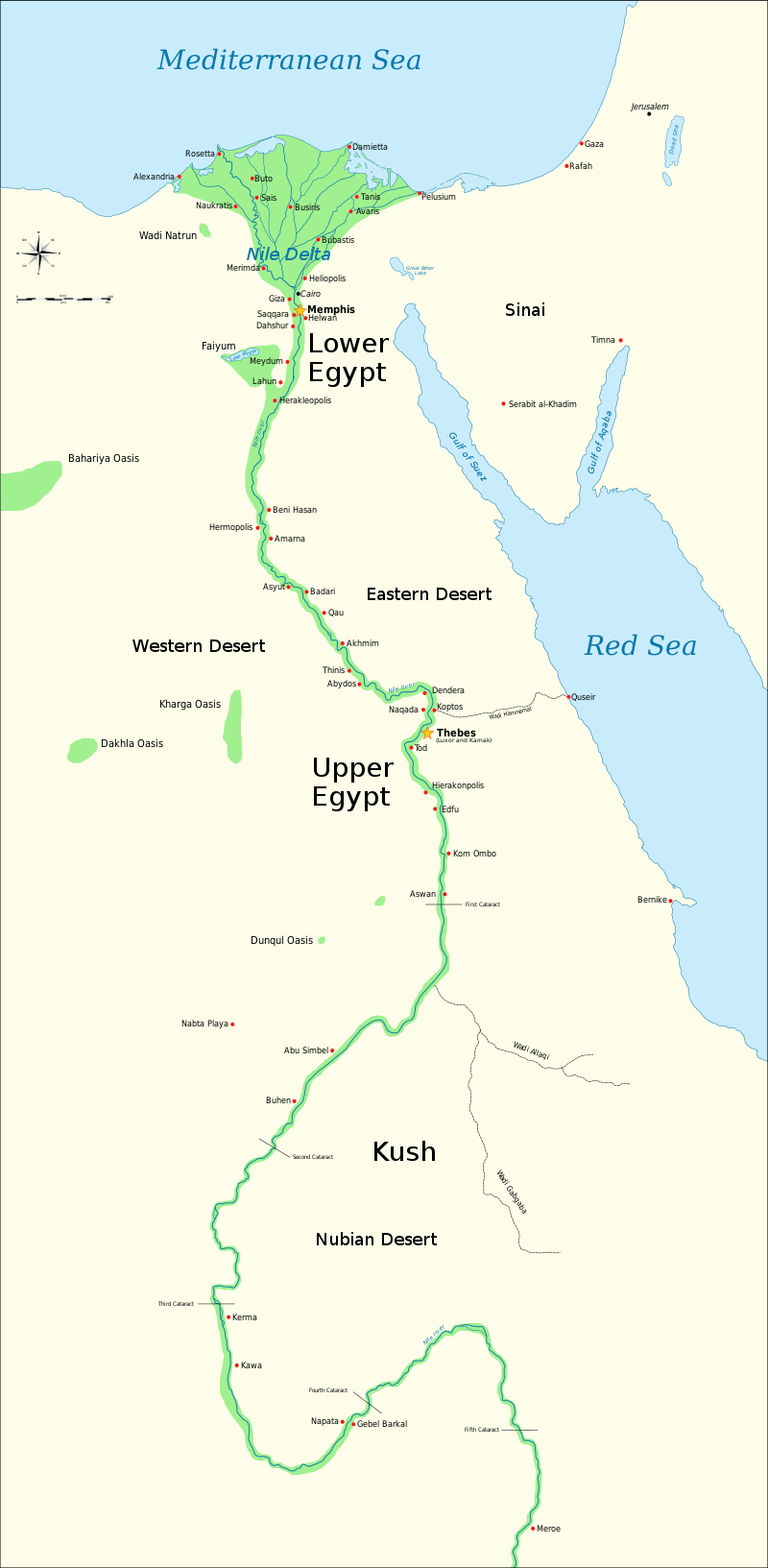 Map illustrating ancient Egypt and Kush regions along the Nile River, highlighting Upper Egypt, Lower Egypt, and surrounding deserts with labeled cities and landmarks. Key features include Mediterranean Sea to the north, Red Sea to the east, and notable locations such as Memphis, Thebes, and Napata, emphasizing geographic and political divisions.