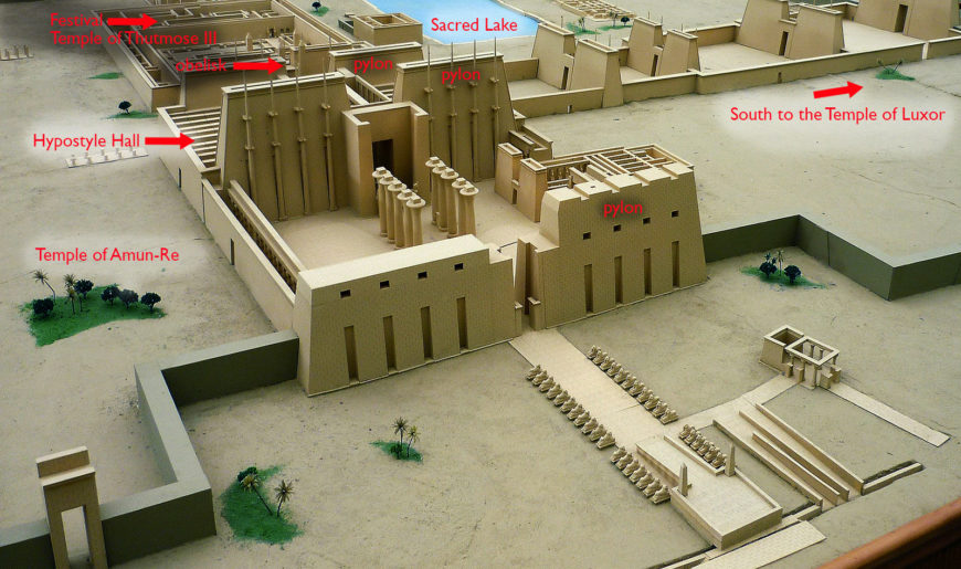 A labeled architectural model depicting Precinct of Amon-Re, Karnak complex with key structures such as Temple of Amun-Re, Hypostyle Hall, pylons, and Sacred Lake. Red text labels highlight important areas and directions, illustrating layout and spatial relationships within the complex.