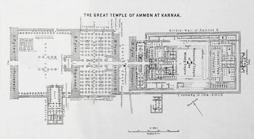 Architectural floor plan of the Great Temple of Ammon at Karnak, detailing layout of various chambers, halls, and courtyards. Includes labeled sections such as the Hypostyle Hall, Sanctuary, and surrounding walls, with scale and directional markers for orientation.