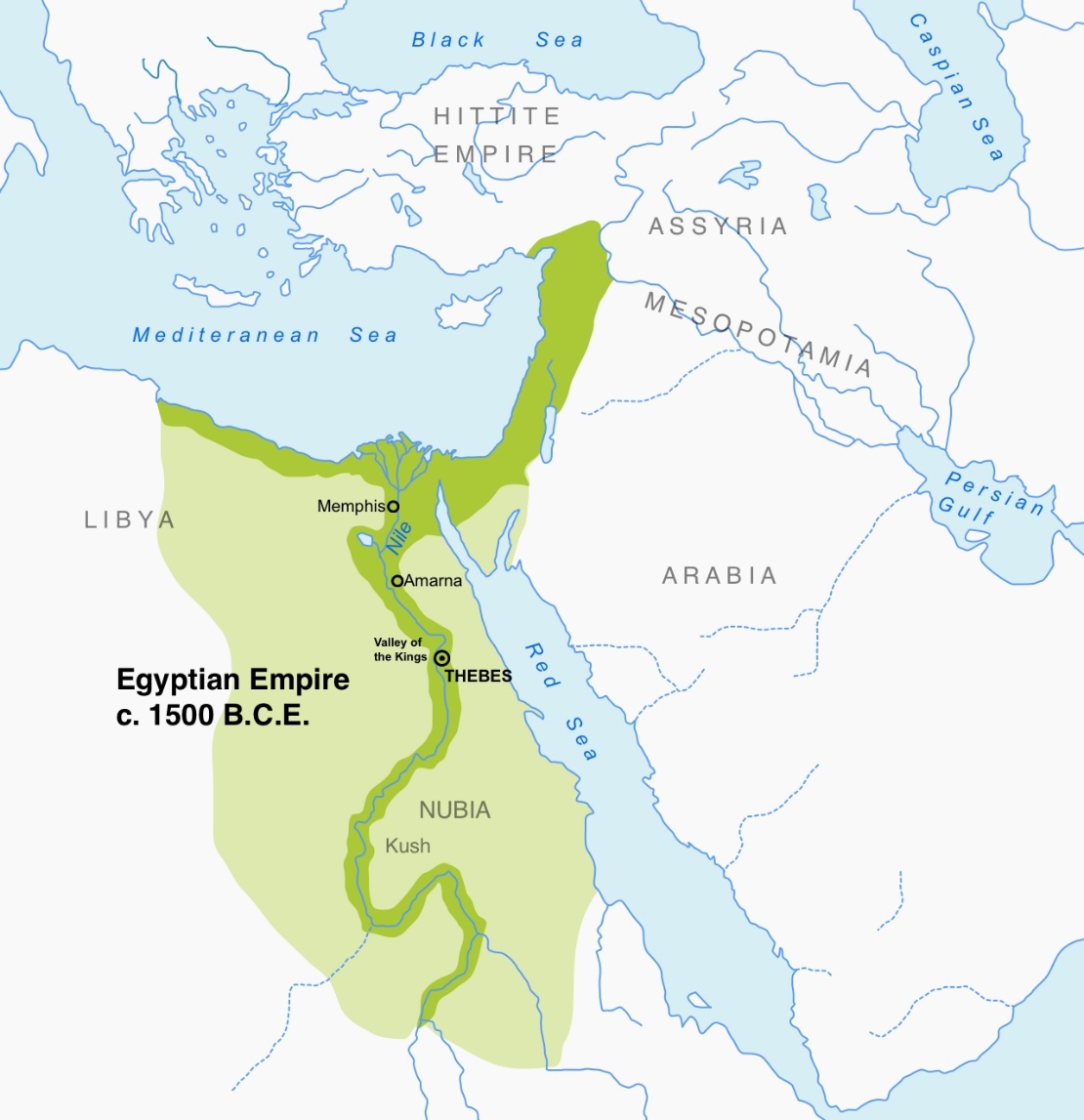 Map showing Egyptian Empire around 1500 B.C.E., highlighting territorial extent in light green along Nile River, including key cities Memphis, Amarna, Thebes, and Valley of the Kings. Surrounding regions such as Libya, Nubia, Kush, Hittite Empire, Assyria, Mesopotamia, and Arabia are labeled, with major bodies of water like Mediterranean Sea, Red Sea, Black Sea, Caspian Sea, and Persian Gulf marked in blue.
