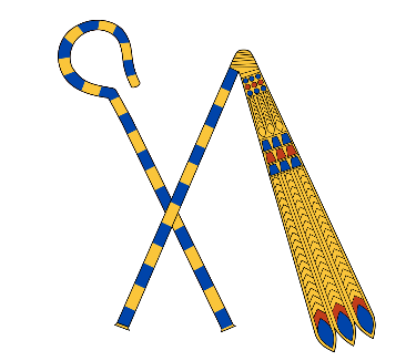 Illustration of two ancient Egyptian symbols of authority: a blue and gold striped crook and flail crossed over each other. Crook features a curved top, while flail has three gold strands with red and blue decorations near the handle.