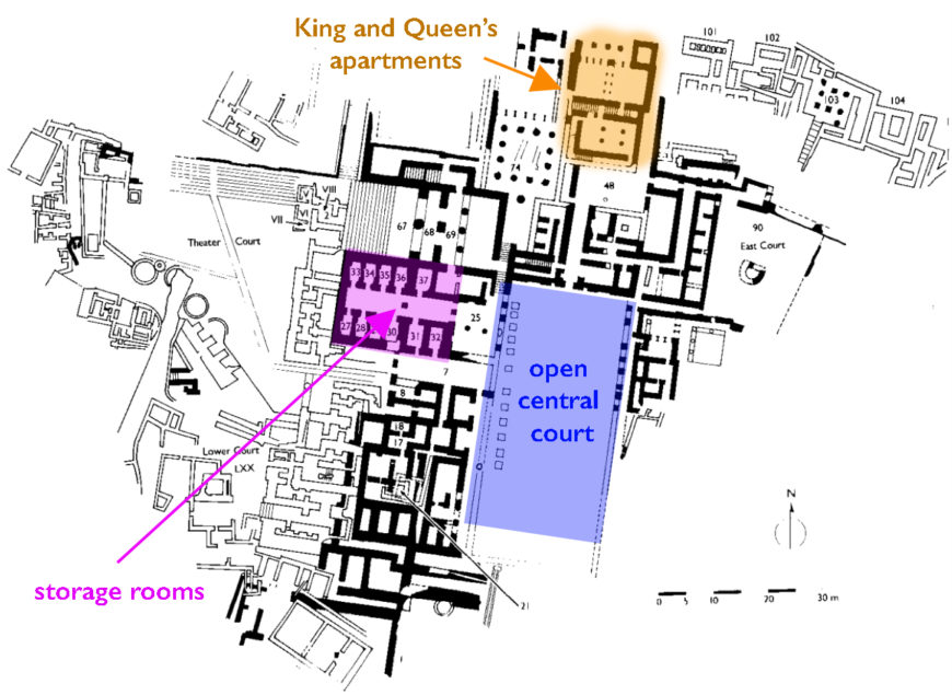 Architectural floor plan highlighting key areas of Knossos palace complex with labeled zones including King and Queen's apartments in orange, an open central court in blue, and storage rooms in purple. The plan uses color blocks and arrows to indicate spatial relationships and functional divisions within the structure.