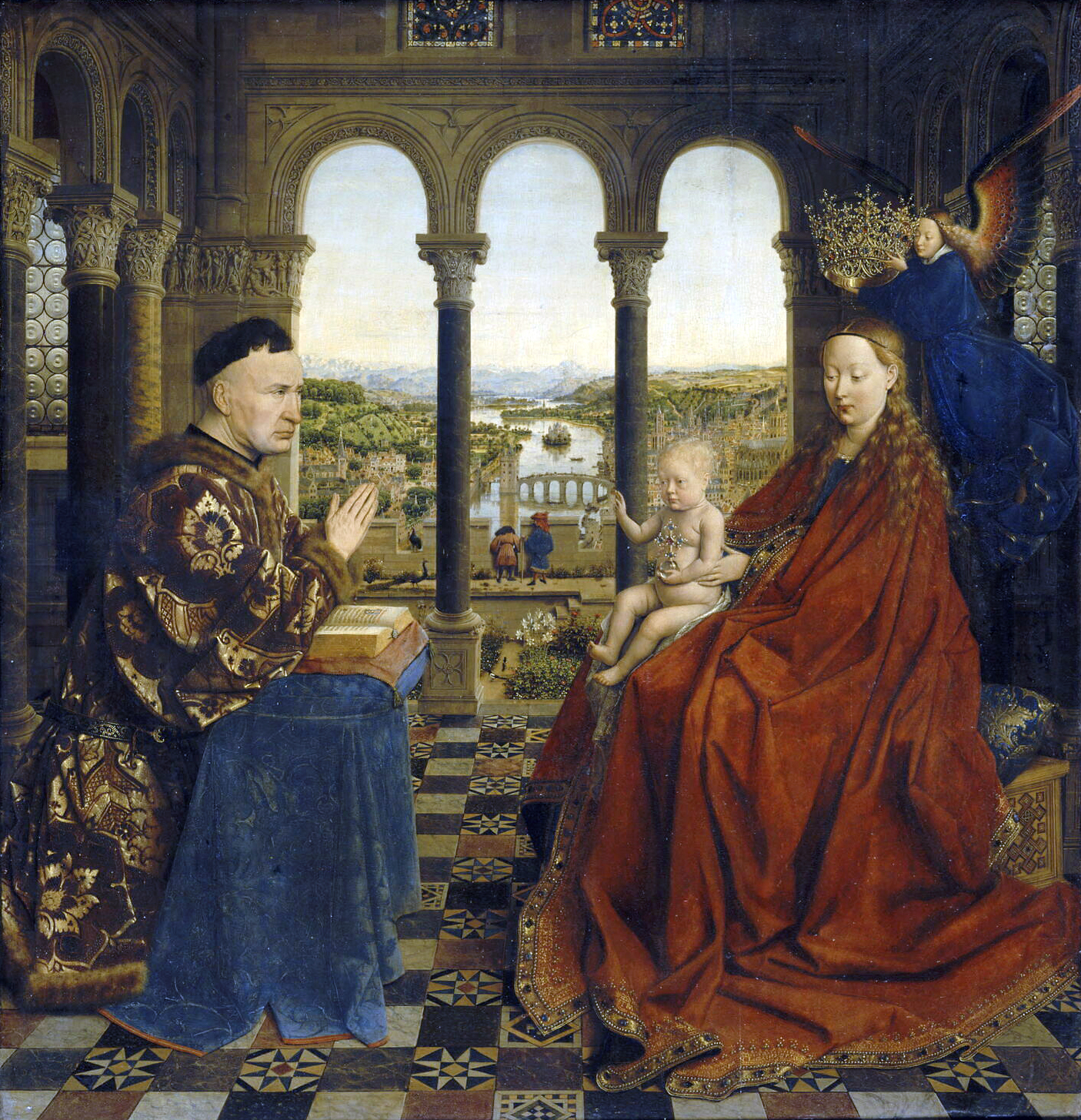 Jan van Eyck, The Virgin of Chancellor Rolin painting depicting a man in ornate robes kneeling in prayer before a seated woman holding a baby, with an angel above her. The scene is set within an architectural interior featuring three large arches overlooking a detailed landscape with figures and a river, showcasing rich colors and intricate patterns.