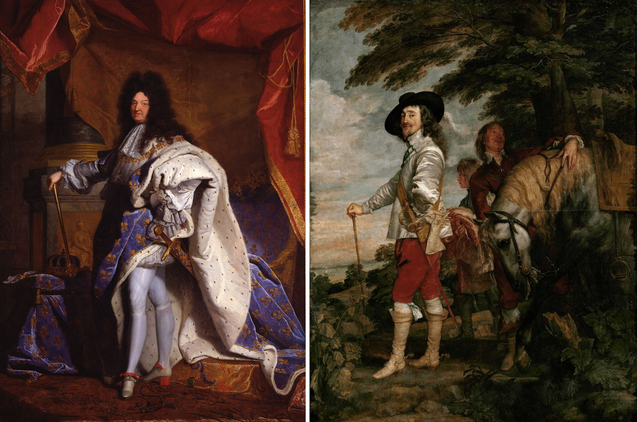 Two side-by-side paintings depict historical male figures in distinct settings. The left portrait shows a regal man in elaborate royal attire with a blue and white robe, standing indoors against rich red drapery, while the right painting features a man in 17th-century hunting clothes holding a cane, accompanied by a servant and a horse in an outdoor wooded landscape.