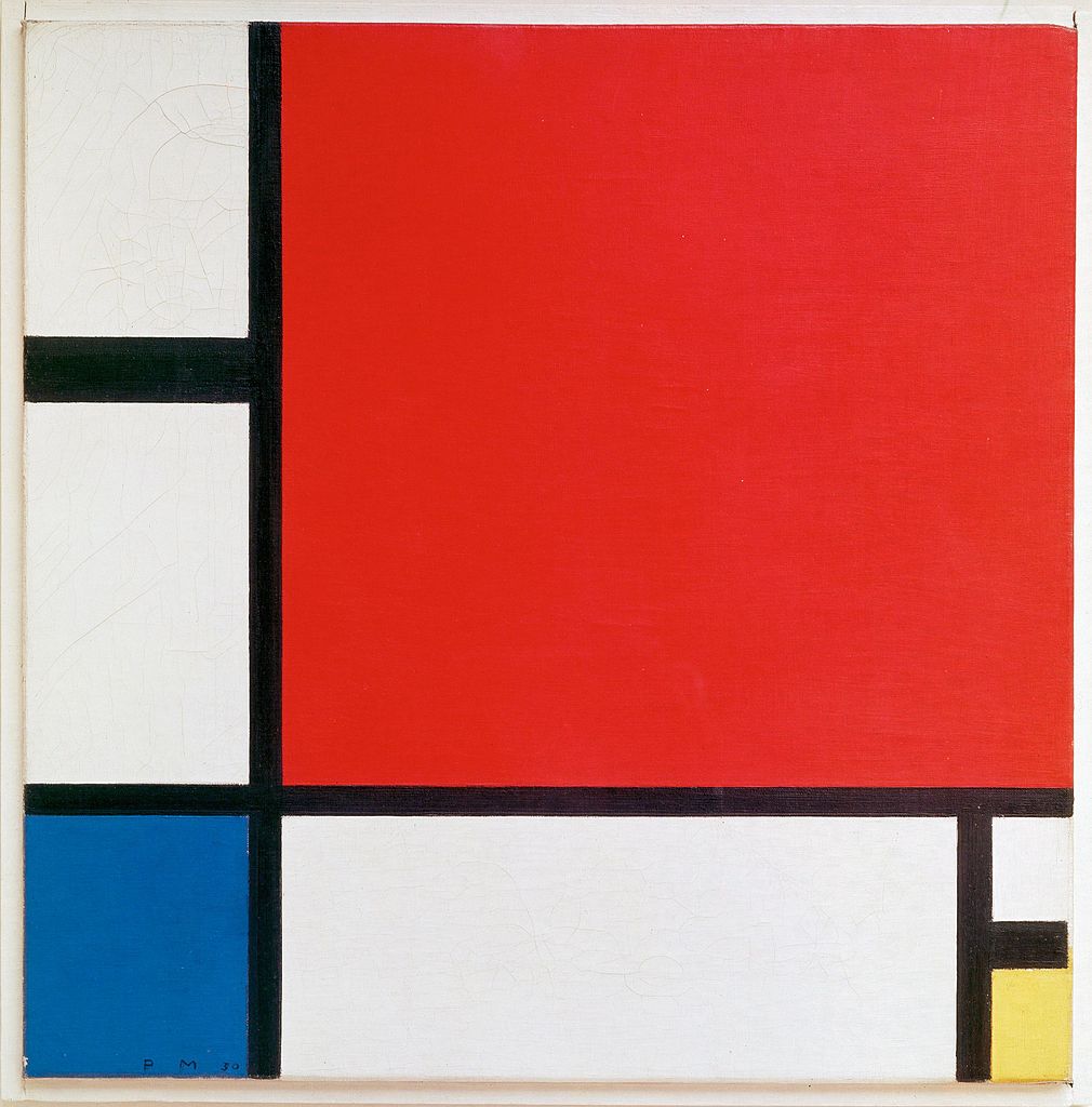 Abstract geometric painting featuring a grid of thick black lines dividing red, blue, yellow, and white rectangular blocks. The composition emphasizes balance and contrast through primary colors and bold linear structure.