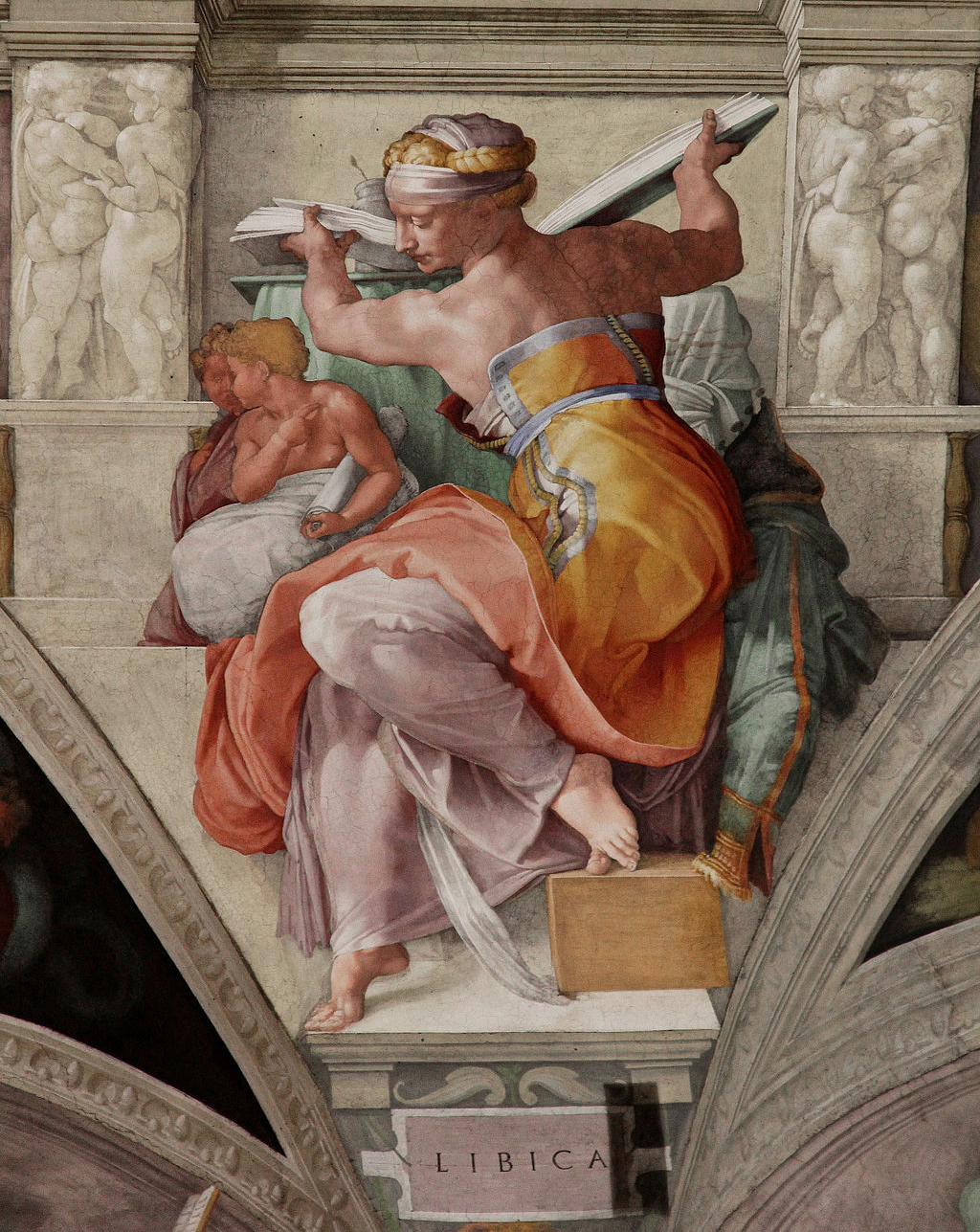Michelangelo, Libyan Sibyl depicting a seated woman labeled "Libica" holding a book, surrounded by two other figures. The artwork features detailed drapery in orange, pink, and green tones, with sculpted reliefs visible in the background.