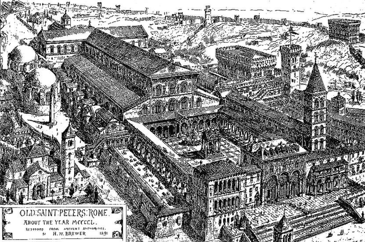 A detailed black-and-white architectural drawing depicts Old Saint Peter's Basilica in Rome around the year 1450. The illustration highlights the basilica's large rectangular layout, central nave, multiple domes, bell tower, and surrounding structures, providing historical context of the site's design and scale.