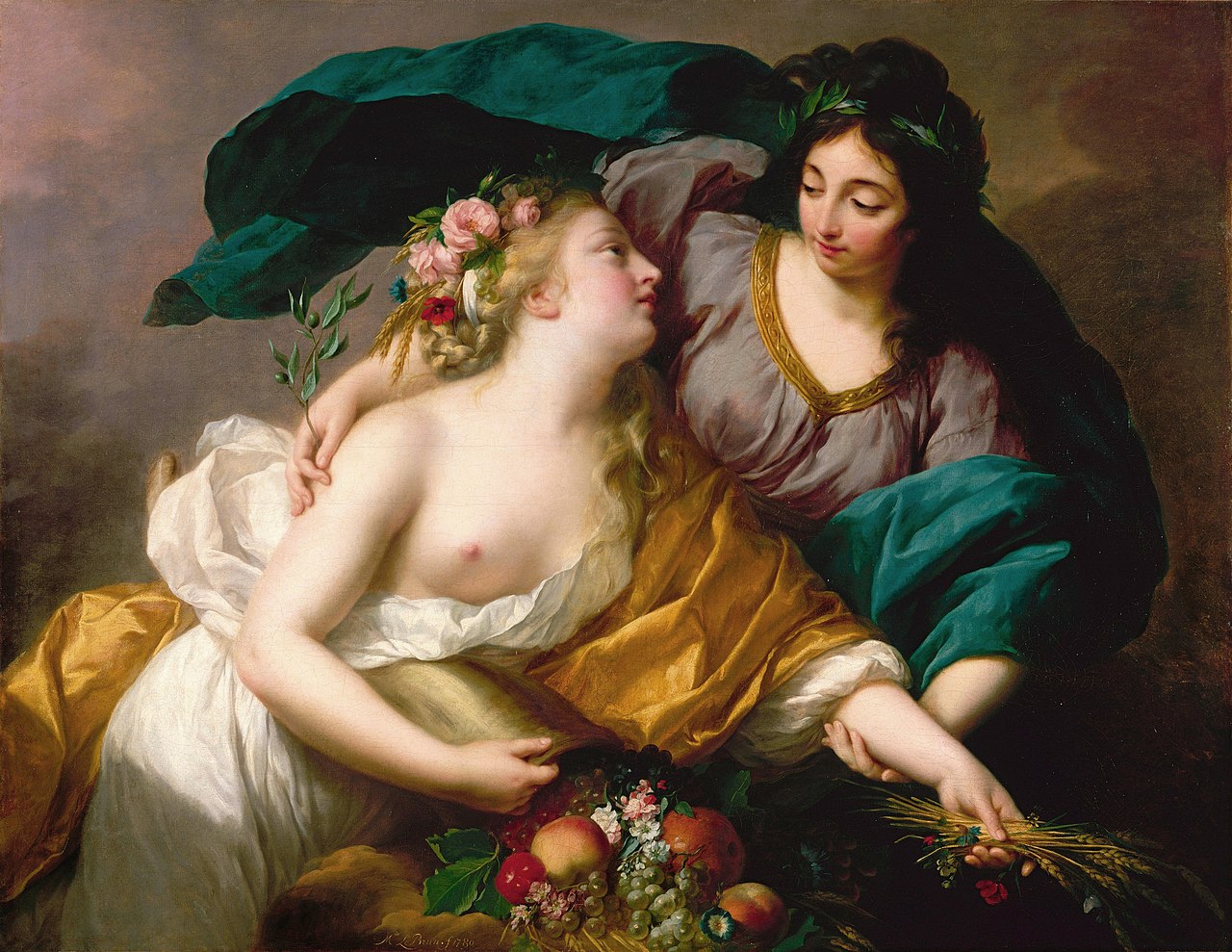 Elisabeth Louise Vigée Le Brun, Peace Bringing Back Abundance, painting depicting two partially draped figures, one adorned with flowers and holding a branch, the other wearing a laurel wreath and holding a bundle of wheat. The painting has rich colors and soft lighting.