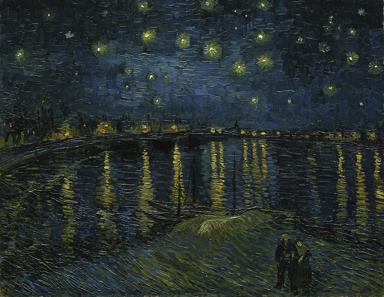Painting depicting a nighttime riverside scene with a star-filled sky and reflections of yellow lights on water. Features two figures standing on a shore in foreground, with textured brushstrokes creating movement in sky and water.