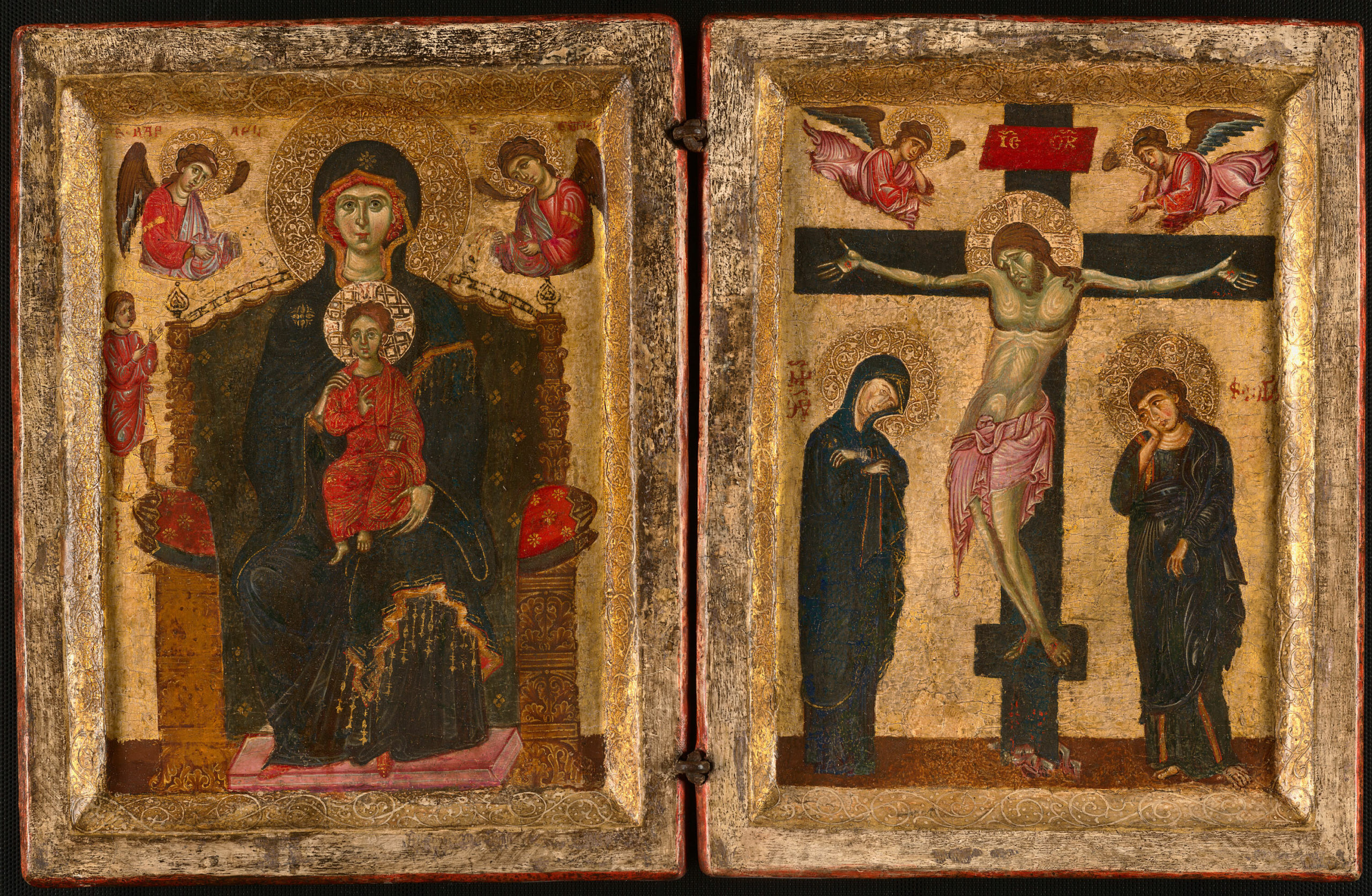 Diptych painting depicting religious Christian iconography with Virgin Mary holding baby Jesus on left panel, surrounded by angels. Right panel shows crucifixion of Jesus with two mourners and two angels above, framed by gold background and ornate borders.