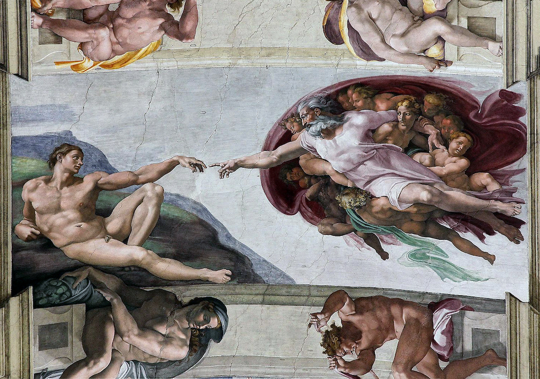 Michelangelo, The Creation of Adam, Ceiling of the Sistine Chapel. Adam lying on the earth with an arm outstretched to God, who floats in the air surrounded by a host of heavenly figures.