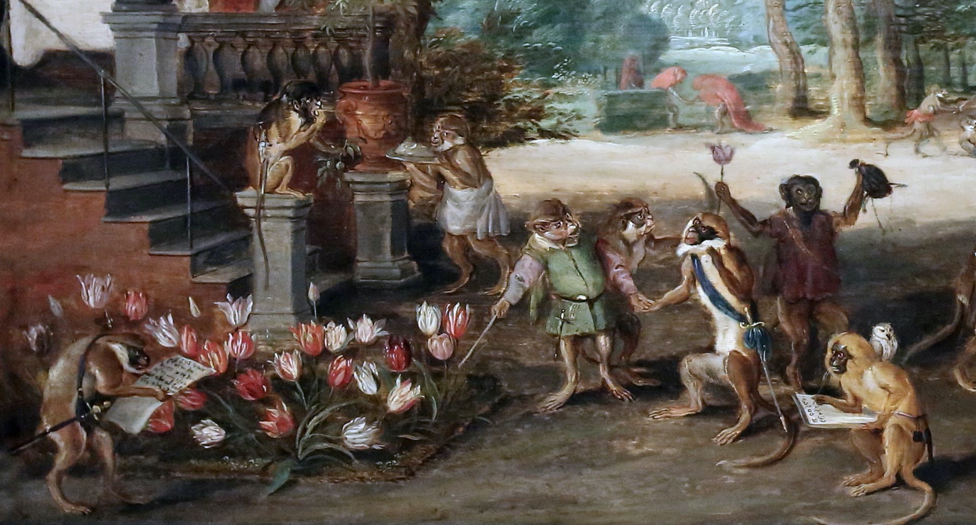 Brueghel suggests the economic folly of tulip mania by depicting speculators as brainless monkeys in contemporary upper-class dress (detail), Jan Brueghel the Younger, Satire on Tulip Mania.
