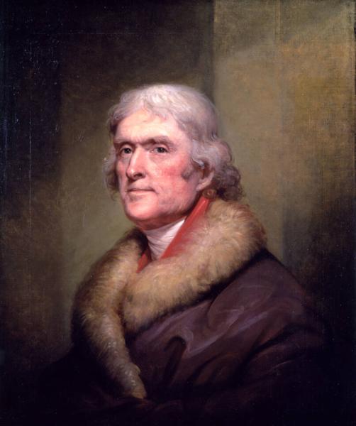 Rembrandt Peale, Thomas Jefferson, painting portrait depicting a man wearing a dark brown coat with a large fur collar and a red scarf. The background features muted, dark tones with subtle lighting highlighting the subject's upper body and clothing texture.