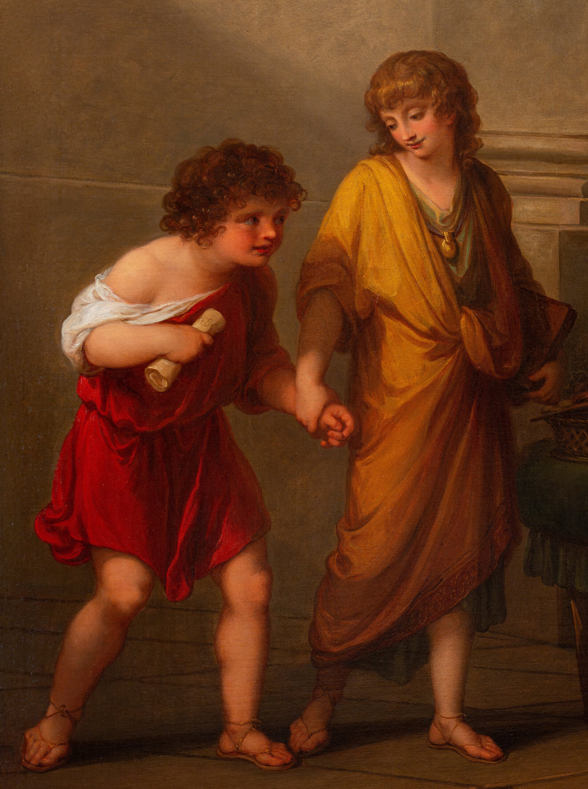 Painting depicting two young boys in ancient attire, one in a red tunic holding a scroll and the other in a yellow robe, walking hand in hand. The scene suggests a moment of guidance or companionship, with detailed expressions and classical clothing.