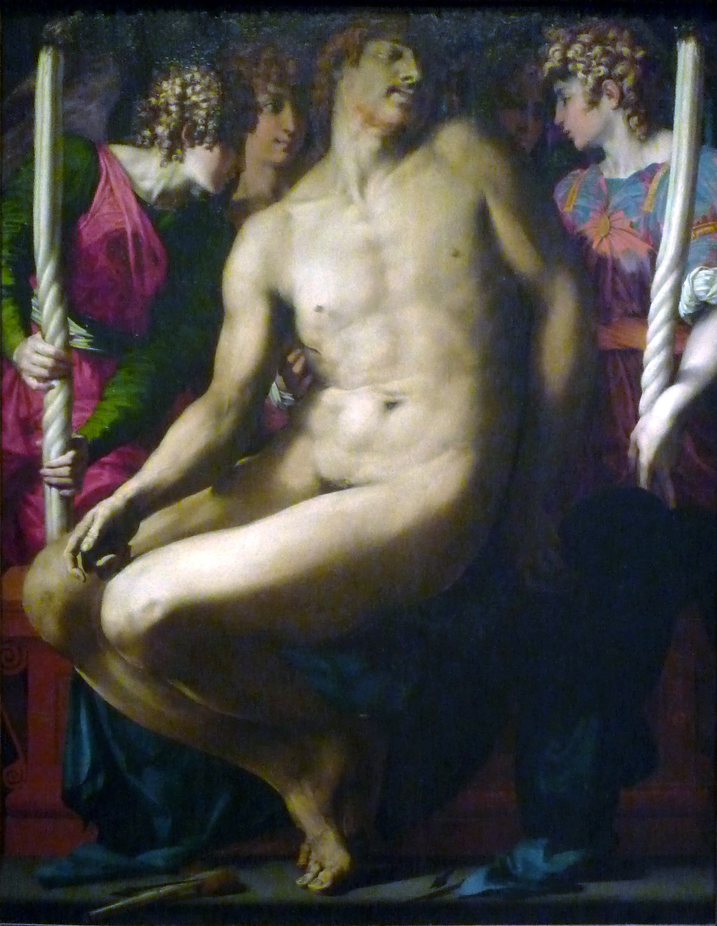 Rosso Fiorentino, The Dead Christ with Angels, c. 1524-7, oil on panel painting of a curved deceased Chris with lifeless skin pallor surrounded by figures.