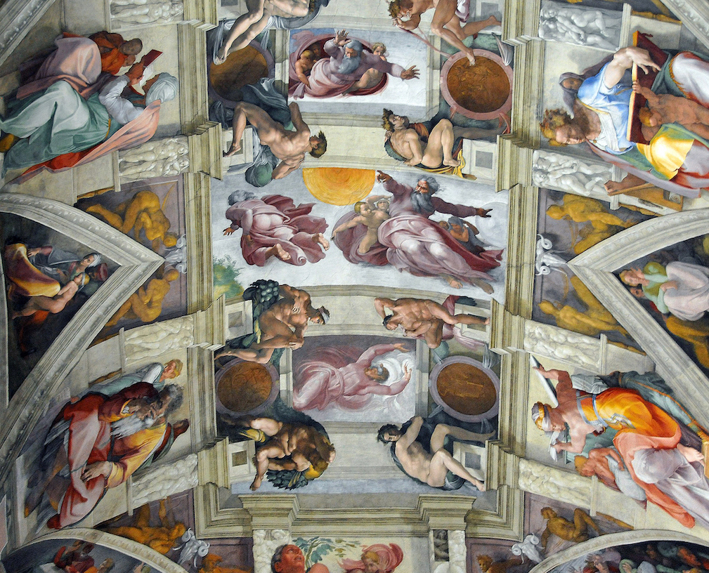 Michelangelo, Creation scenes, Sistine Chapel Ceiling depicting multiple biblical and mythological figures in dynamic poses, surrounded by architectural elements like columns and arches. The artwork features vibrant colors, detailed human forms, and a central sun motif, illustrating themes of creation and divine intervention.