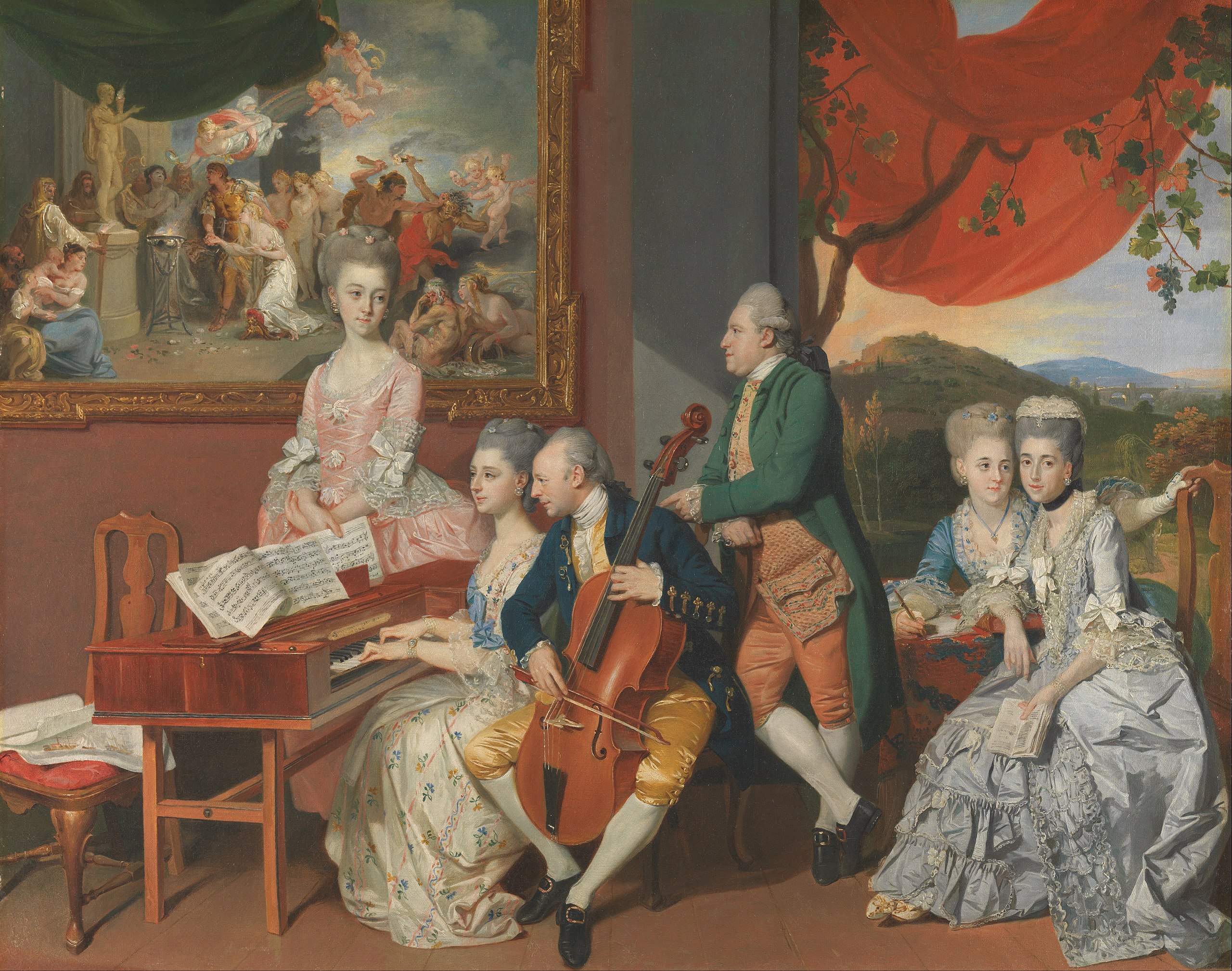 Johan Joseph Zoffany, The Gore Family with George, third Earl Cowper, painting depicting an 18th-century aristocratic music gathering with five elegantly dressed figures, including a woman playing a harpsichord and a man holding a cello. Rich details include ornate clothing, a large framed painting in the background, and a scenic outdoor view with red drapery.