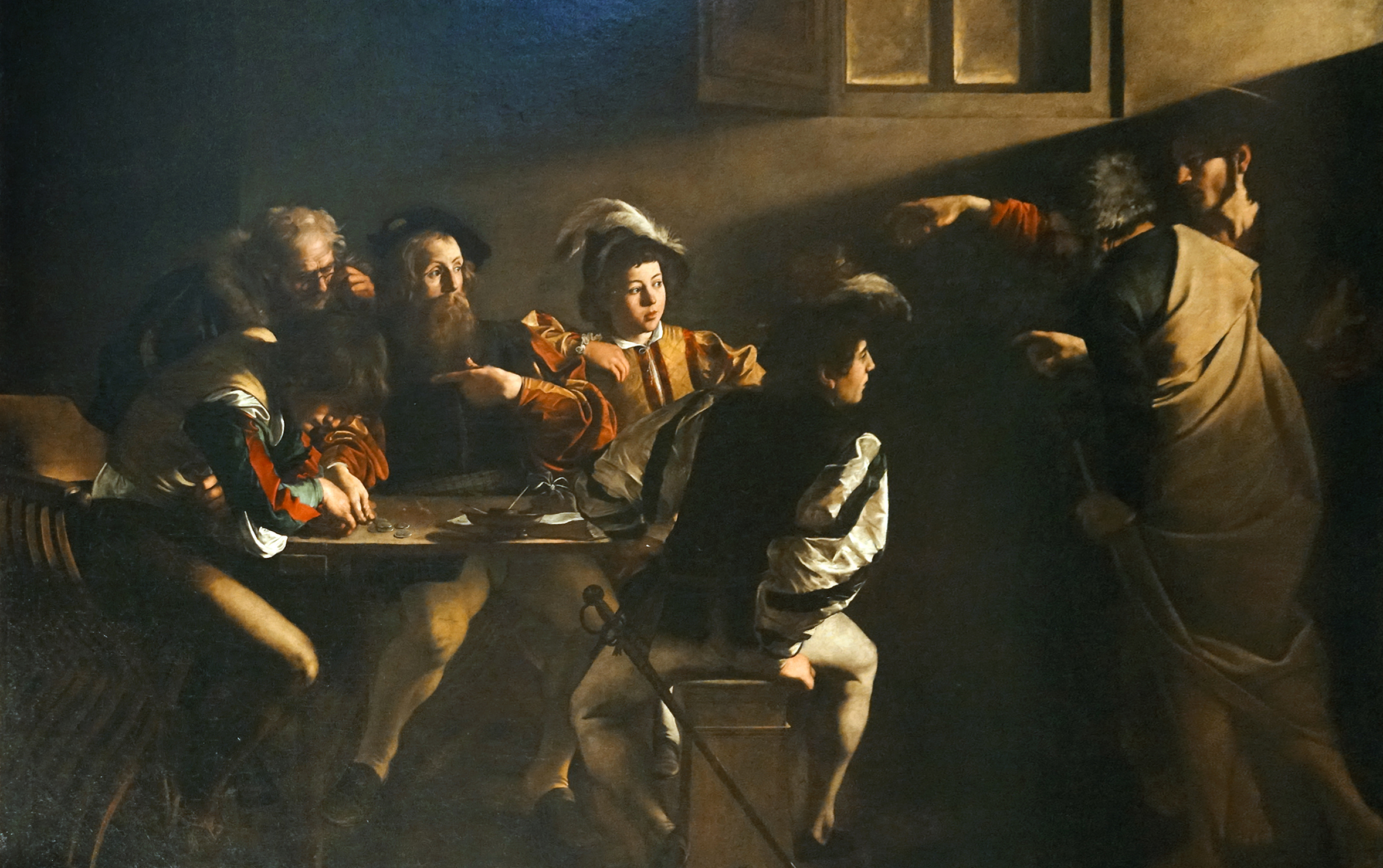 Caravaggio, Calling of Saint Matthew depicting a dramatic scene with seven men, where one man on the right points emphatically while others react with varied expressions. The painting uses strong chiaroscuro lighting with dark shadows and warm highlights, emphasizing tension and focus on the central figures around a table.