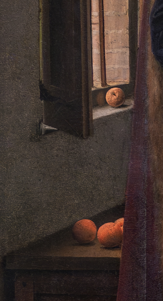 Oranges (detail), Jan van Eyck, The Arnolfini Portrait dimly lit corner featuring an open window with a brick wall visible outside and several oranges placed on a wooden surface below the window. The scene highlights contrast between the dark interior and the bright oranges, emphasizing texture and natural light.