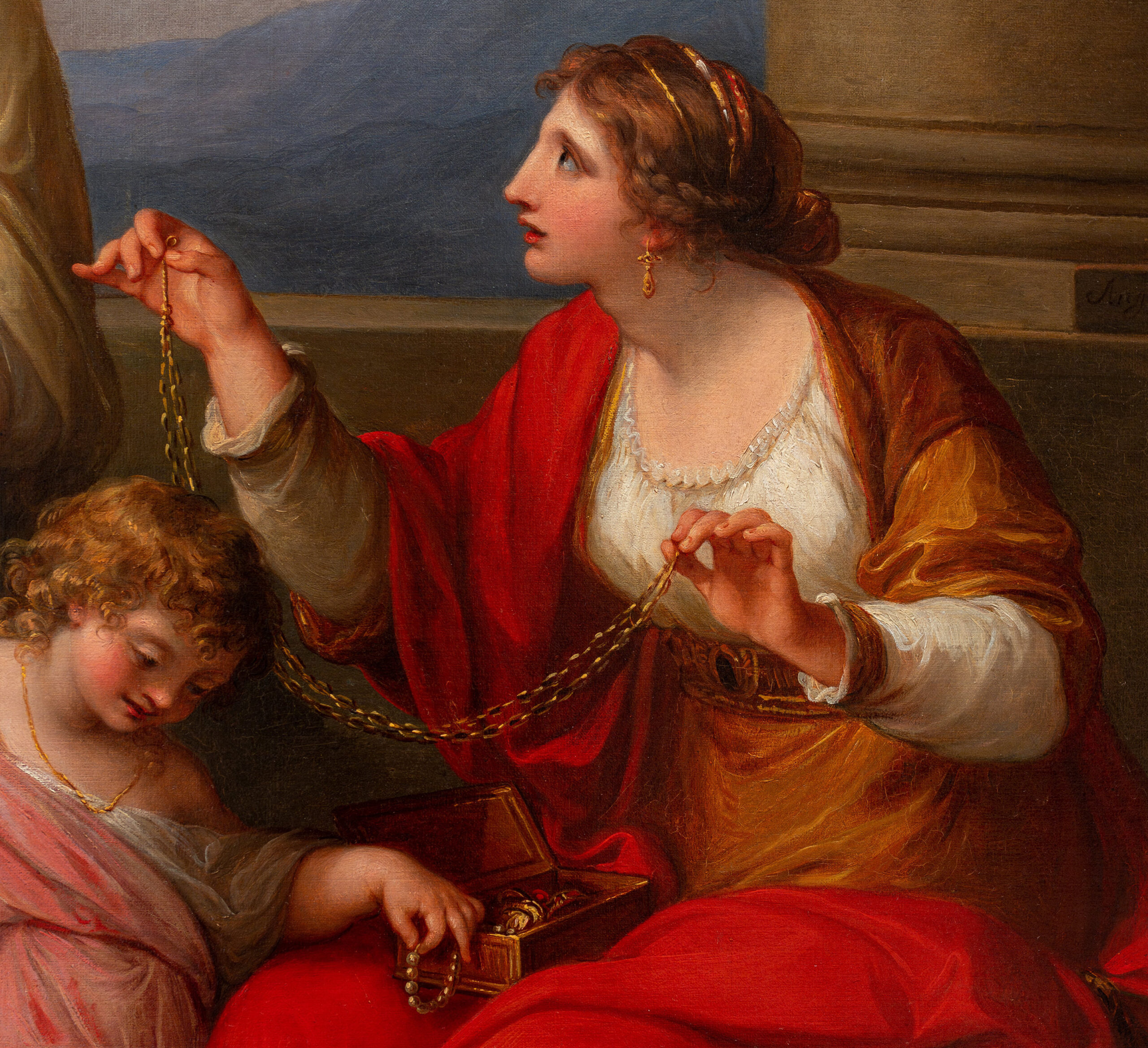 Detail from Angelica Kauffmann, Cornelia, Mother of the Gracchi, Pointing to her Children as Her Treasures, depicting two figures, one holding a gold chain and the other reaching toward it, set against a backdrop of architectural elements. The scene features rich colors, including red and gold garments, with detailed textures.