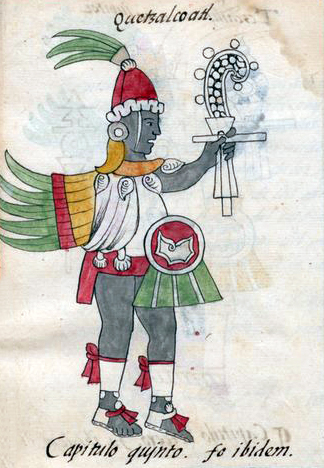 Illustration of Quetzalcoatl, an Aztec deity, depicted in traditional attire with a feathered headdress, shield, and ceremonial object. Colors include green, red, white, and yellow, with handwritten labels identifying the figure and chapter reference.