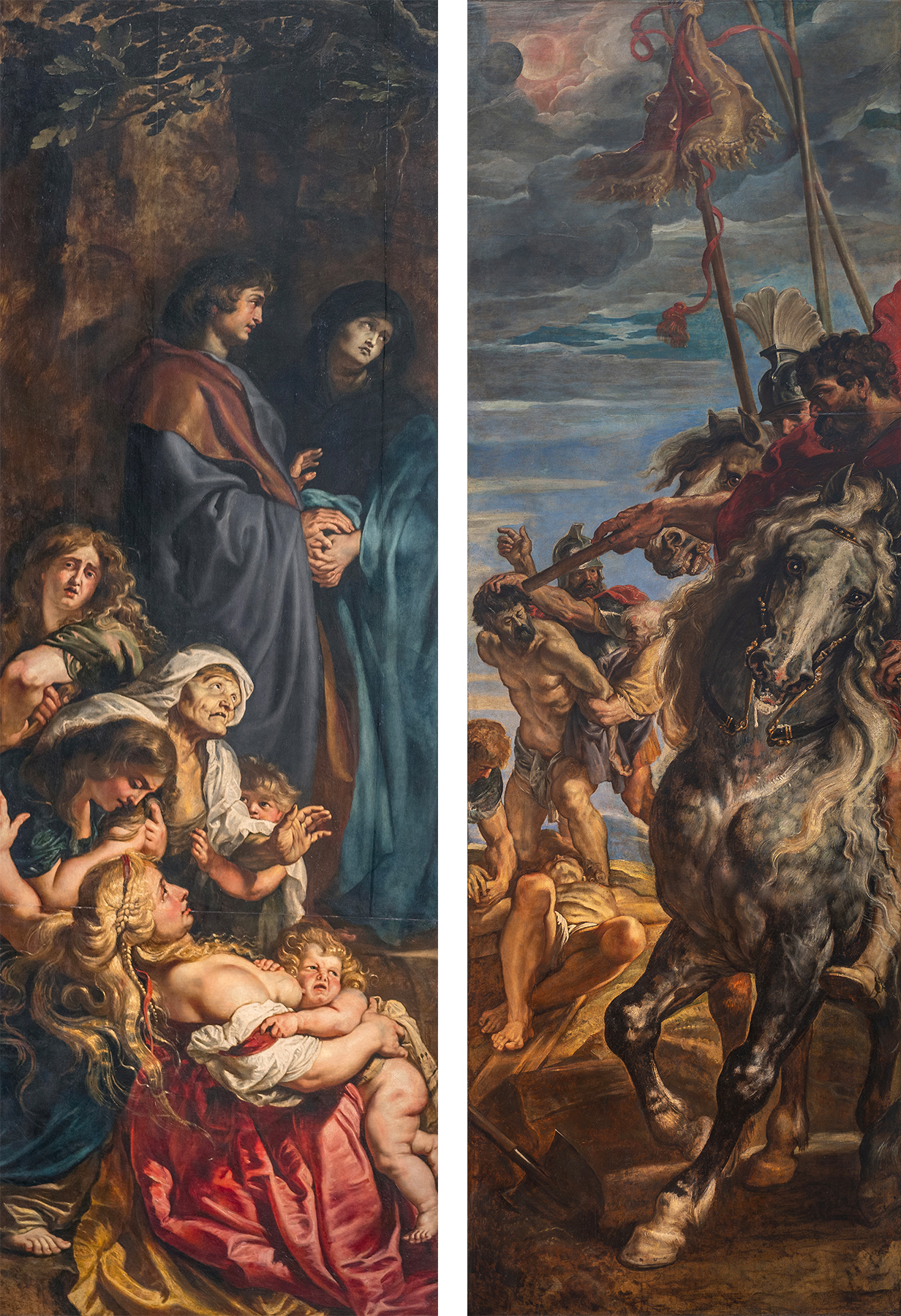 Side panels, Peter Paul Rubens, Elevation of the Cross, depicting two contrasting biblical scenes with rich, dramatic colors and dynamic compositions. The left panel shows a group including a mother holding a child surrounded by figures under a tree, while the right panel features a chaotic scene with armored warriors and a rearing horse against a stormy sky.