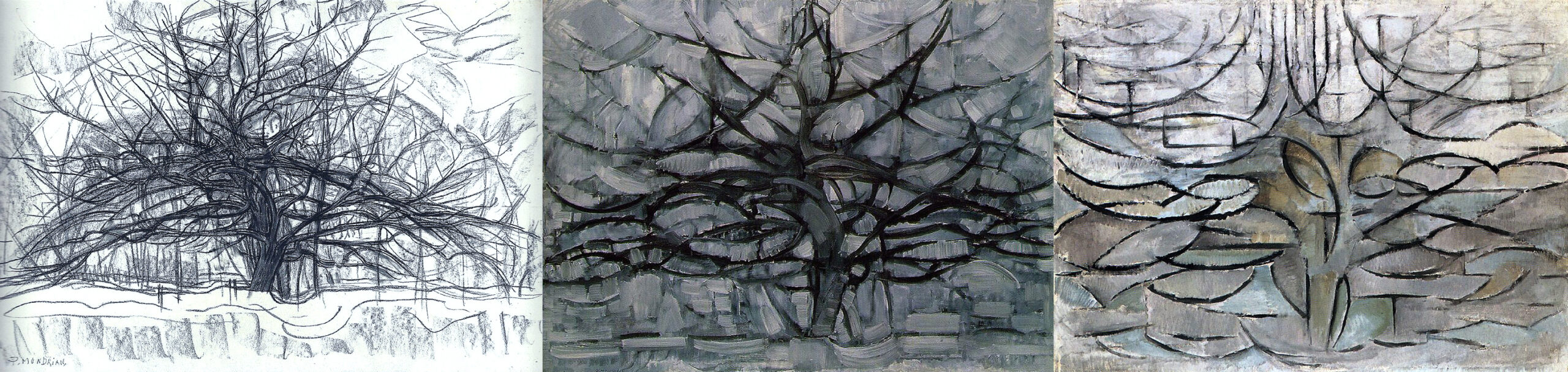 A trio of abstract paintings depicting a tree with sprawling branches against textured, layered backgrounds. Each panel transitions from monochromatic black and white on the left to darker shades in the center and muted earth tones on the right, highlighting different artistic interpretations of the same subject.