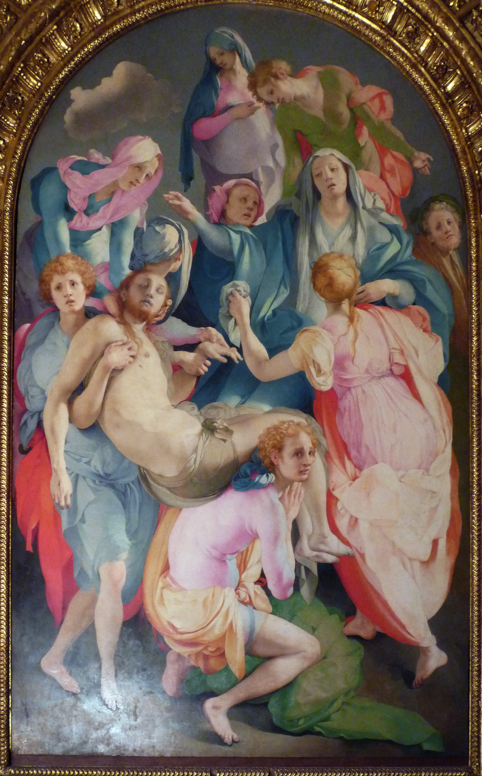 Pontormo, Entombment (or Deposition from the Cross), oil on panel painting depicting the Lamentation over the Dead Christ, featuring multiple figures surrounding the lifeless body of Jesus. The composition includes vibrant colors, detailed drapery, and expressive postures, emphasizing grief and reverence within a classical arched frame.
