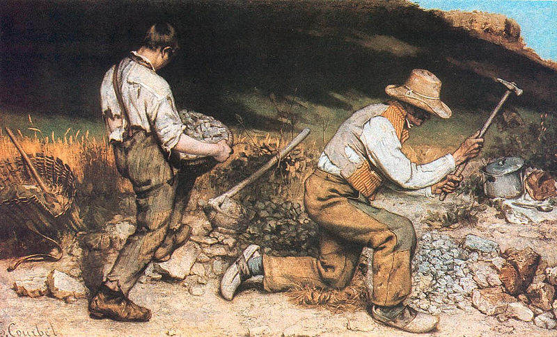 Courbet, The Stonebreakers, painting depicting two men breaking rocks in a rural outdoor setting, illustrating manual labor during a historical period. One man kneels using a hammer on rocks while the other stands carrying a pile of stones, with earthy tones and detailed textures emphasizing physical effort and environment.