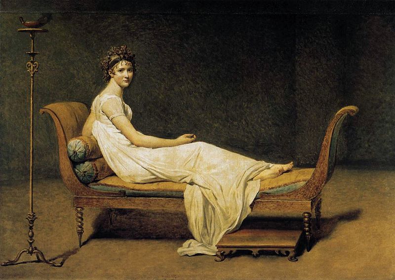 Painting depicts a woman reclining on an ornate chaise lounge, dressed in a flowing white gown with a floral headpiece. Dark, minimalist background contrasts with detailed furniture and soft fabric textures, emphasizing calm and contemplative mood.