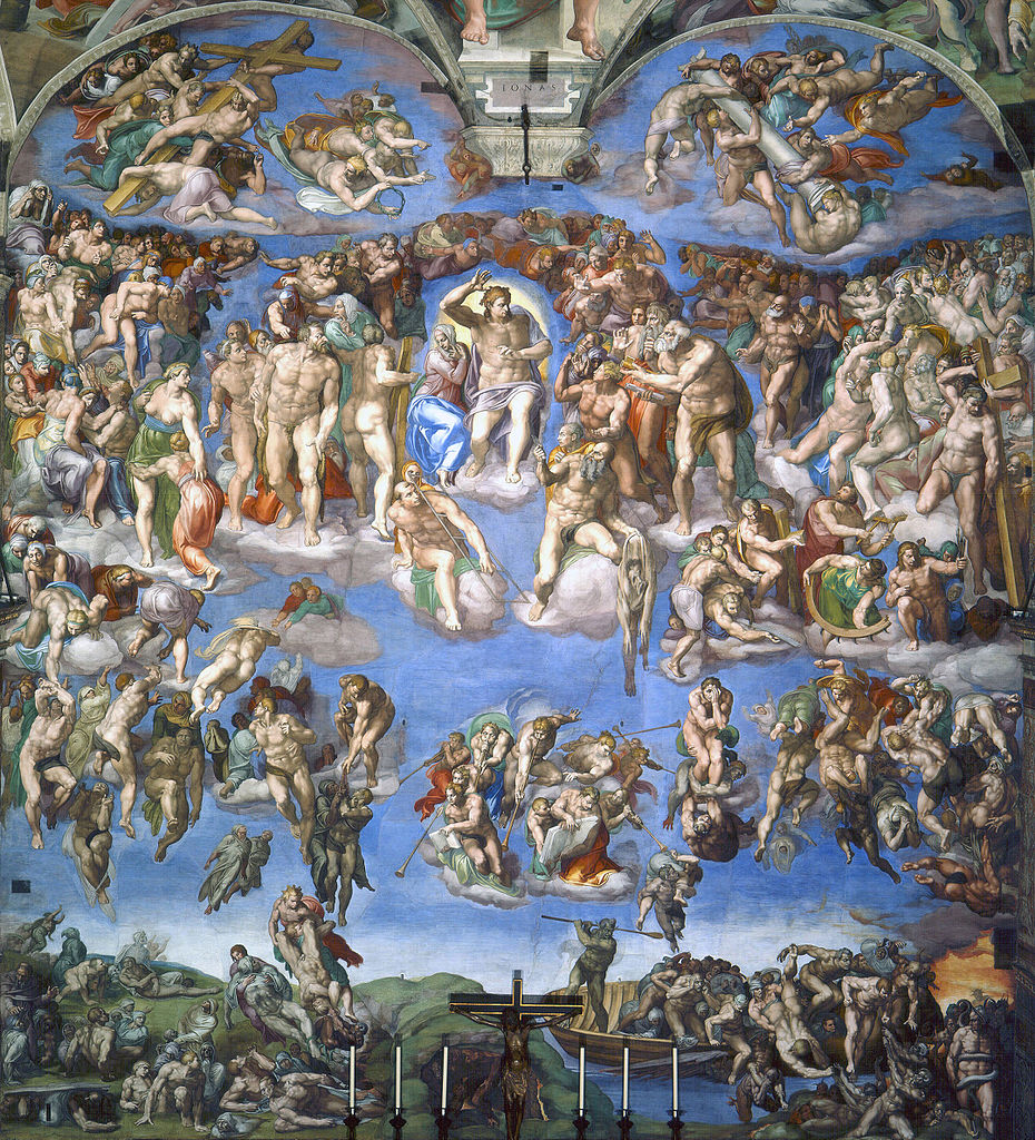 Michelangelo, Last Judgment, Sistine Chapel, altar wall fresco painting depicting the Last Judgment with Christ at the center surrounded by angels, saints, and resurrected souls ascending or descending. The composition features vibrant colors, dynamic poses, and a dramatic contrast between saved figures on the right and damned souls on the left, illustrating themes of salvation and damnation.