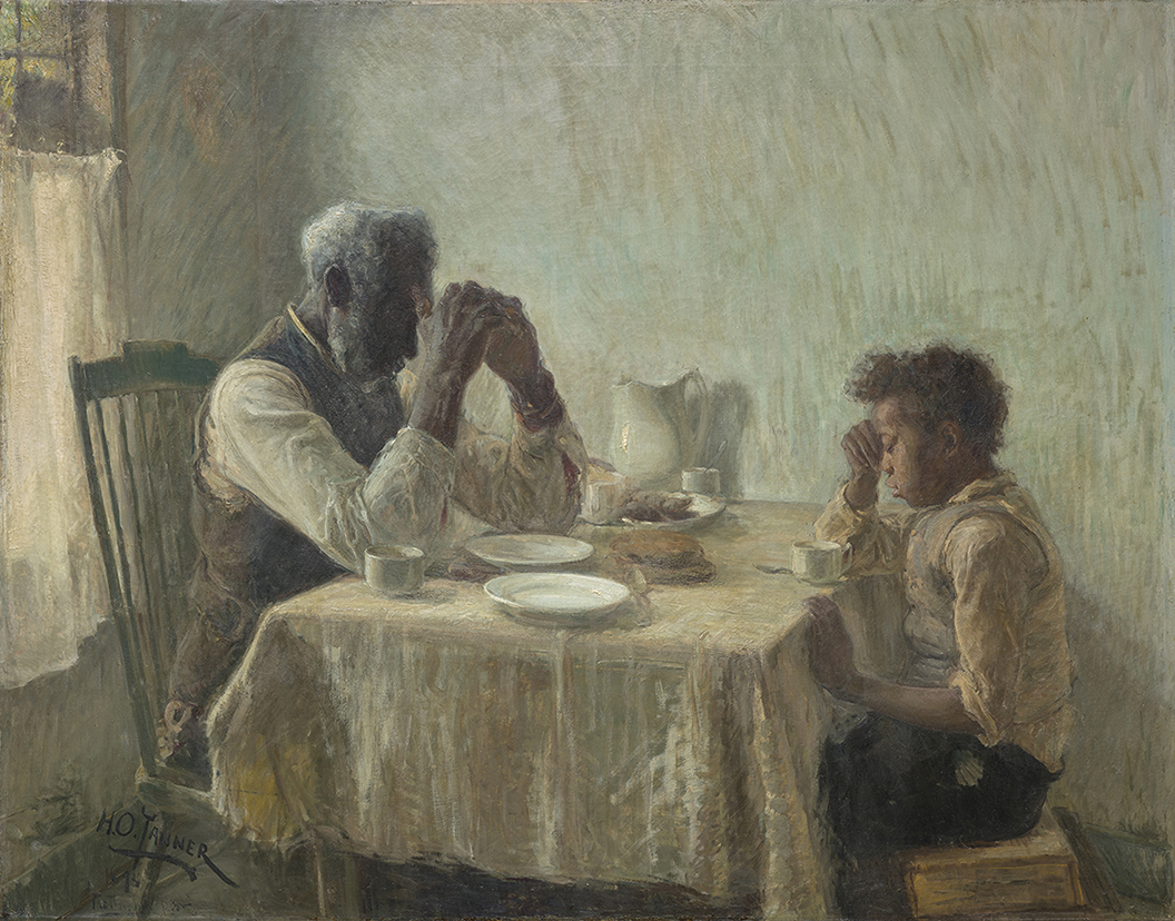 Painting depicting an elderly man and a young boy sitting at a table with a tablecloth, cups, plates, and a pitcher, engaged in a quiet moment. Soft lighting highlights their contemplative expressions and the simple, modest setting, emphasizing themes of reflection and connection.