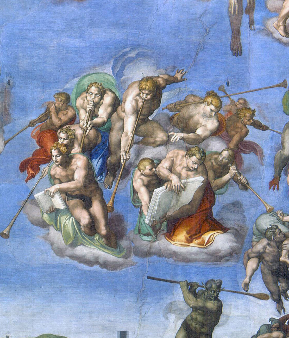 Detail of Last Judgement with angels trumpeting in front of a blue background.