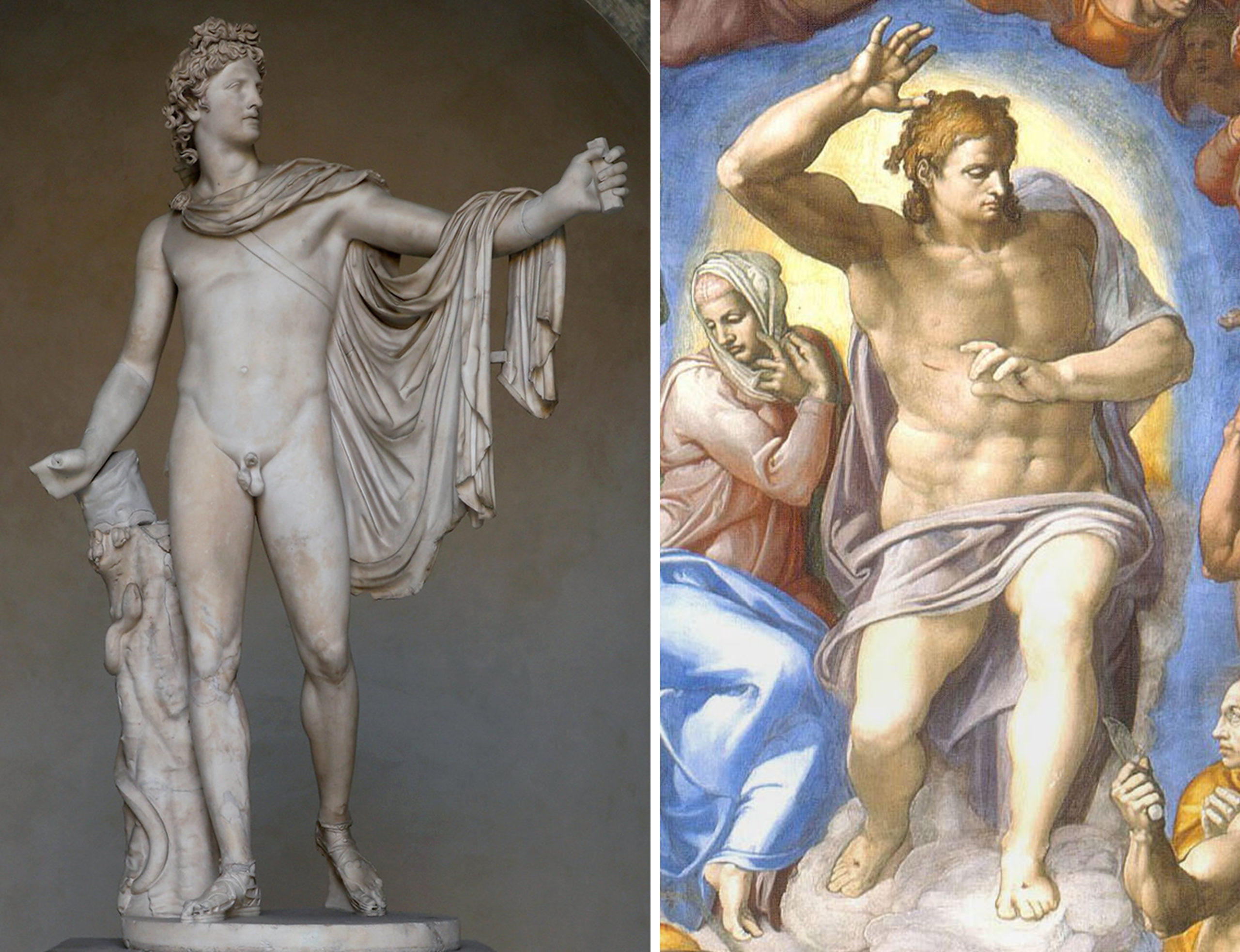 Side by side comparison of freestanding nude male Greek sculpture with his left arm raised next to detail of Christ from Last Judgment with his right arm raised comparing the body compositions.