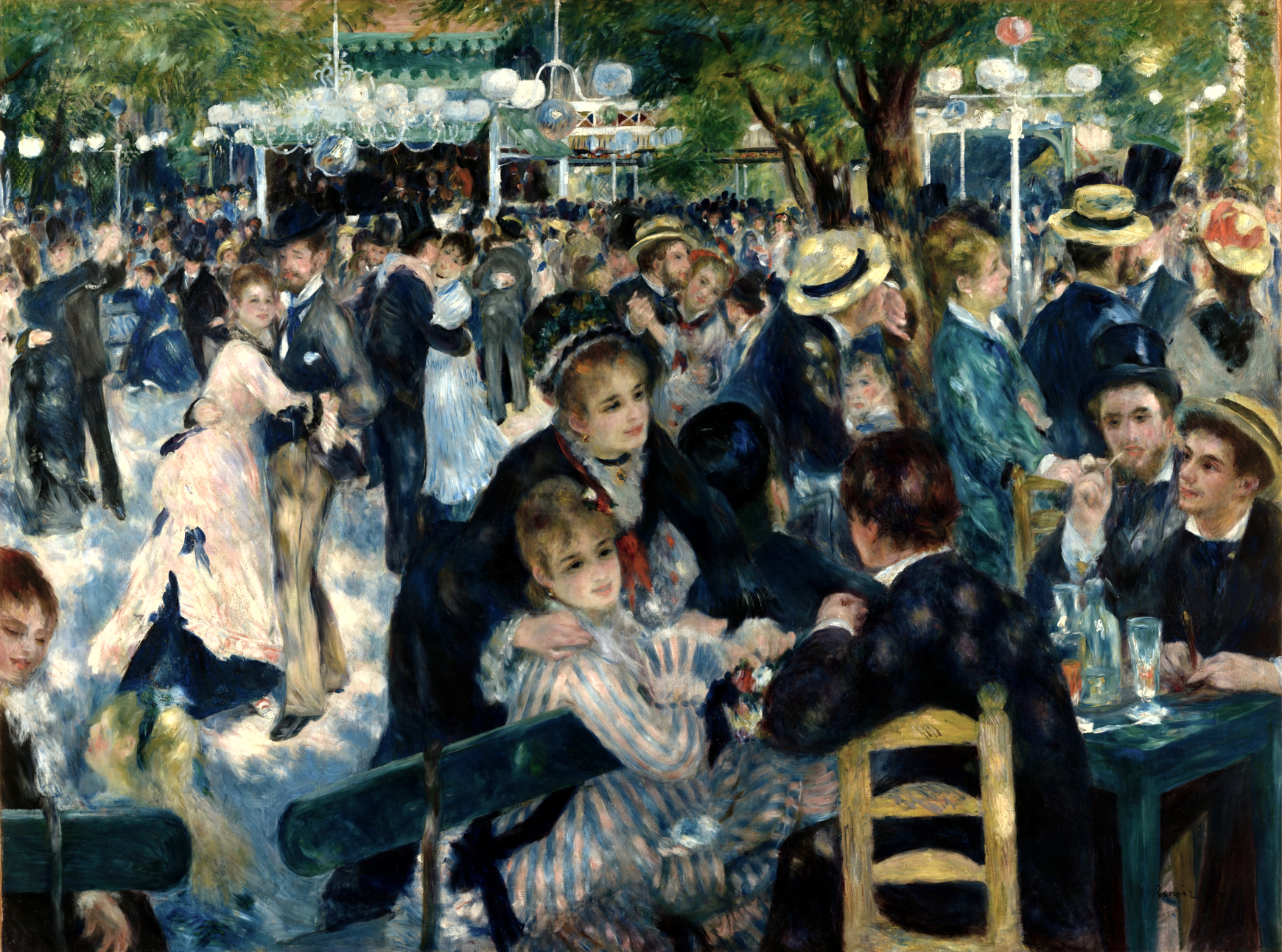 A painting depicting a lively outdoor social gathering with people dancing, sitting, and conversing under hanging lanterns and trees. The scene features detailed clothing from the late 19th century, with a mix of dark and light colors, capturing a festive and elegant atmosphere.