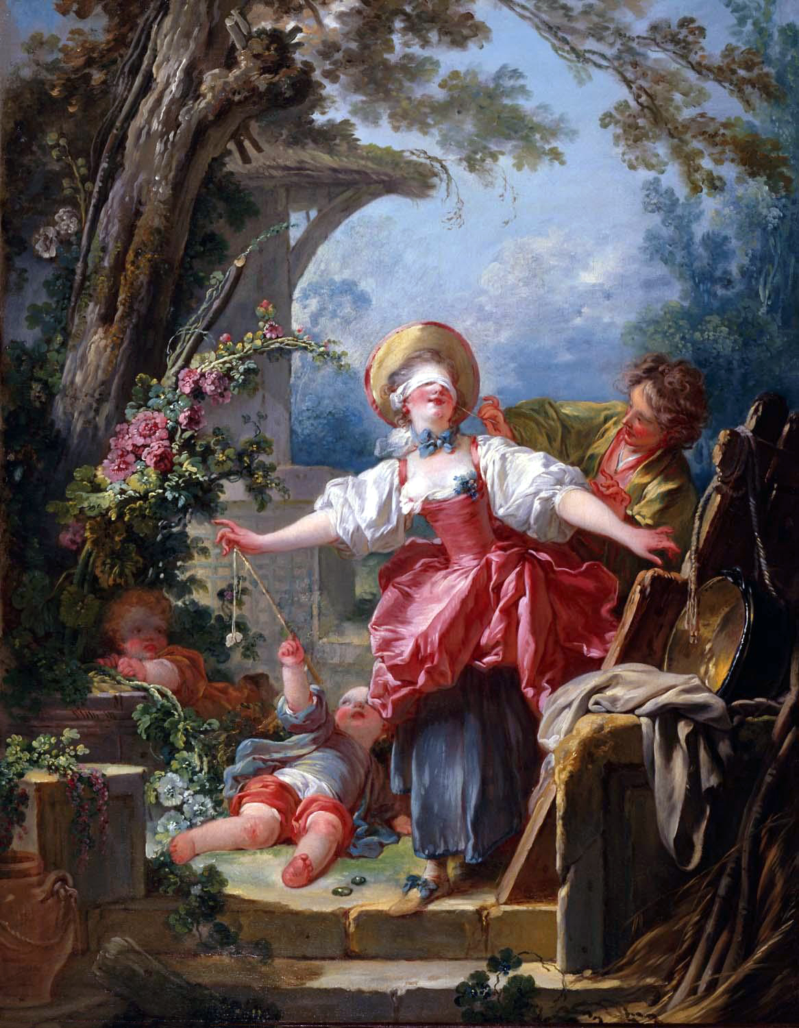 Jean-Honoré Fragonard, Blind-Man’s Buff, Rococo painting featuring a blindfolded woman in rich clothing being guided by a man. Two cherubs lay on the floor in an outdoor lush garden.