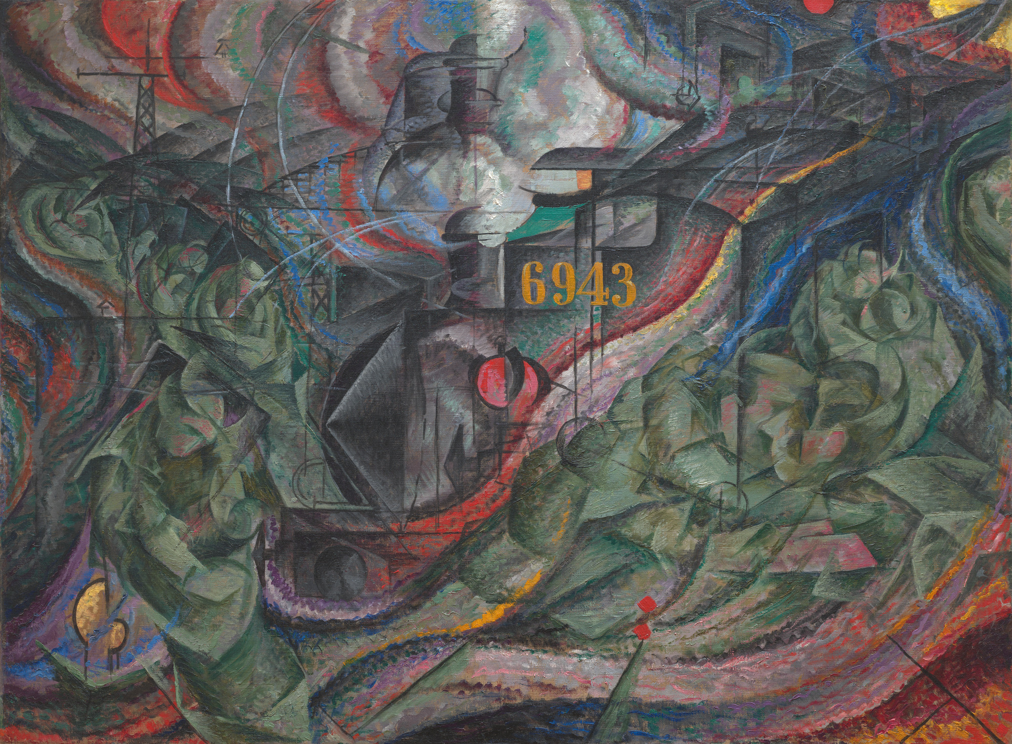 Abstract painting depicting a dynamic steam locomotive numbered 6943 surrounded by swirling green and red shapes suggesting motion and energy. The composition uses bold, fragmented forms and vibrant colors to convey industrial power and speed.