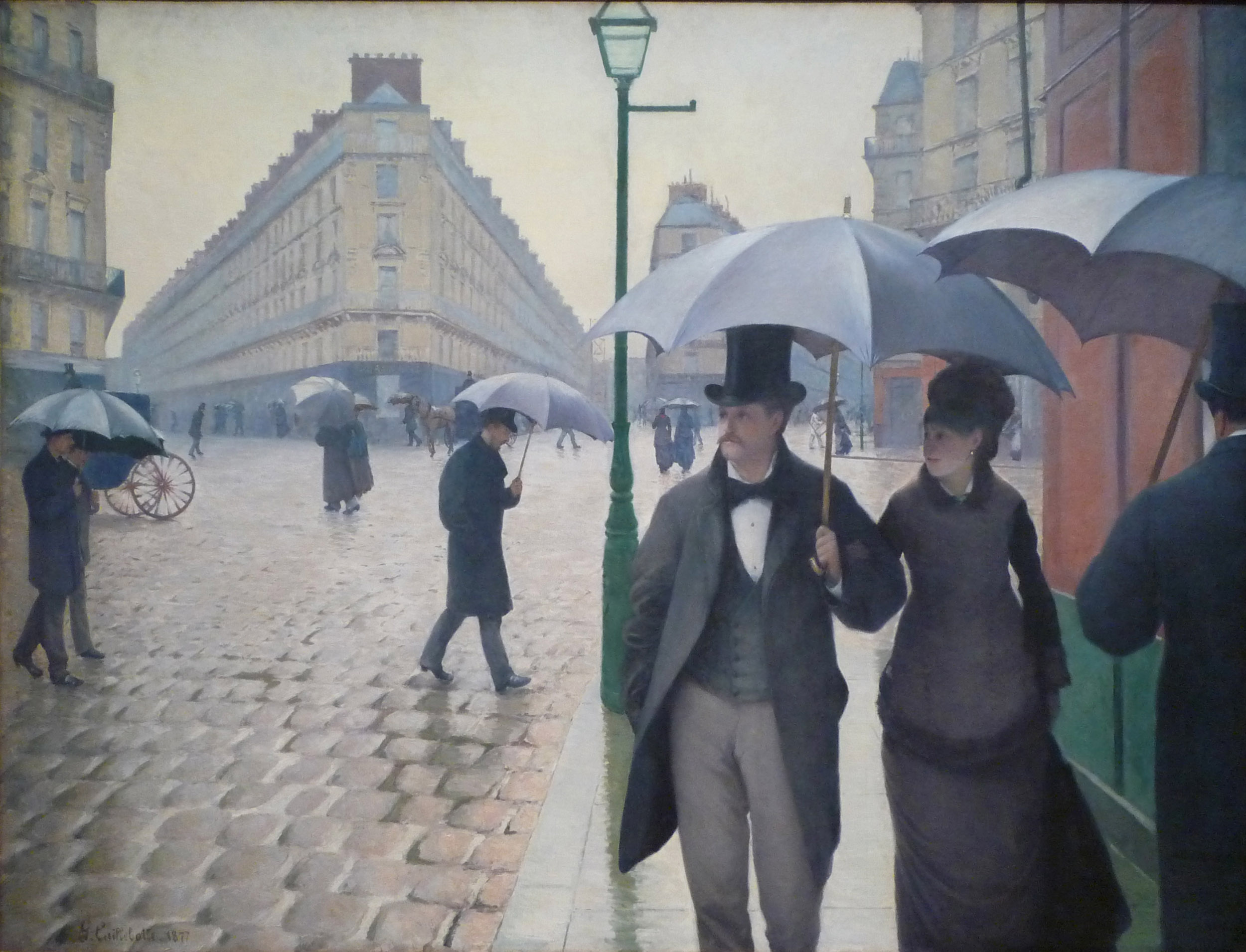 Caillebotte, Paris Street; Rainy Day painting depicts a rainy urban street scene with several people walking under umbrellas along cobblestone pavement. Central figures include a well-dressed man and woman holding umbrellas, surrounded by muted tones and detailed architecture, emphasizing atmosphere and daily life in a historical city setting.
