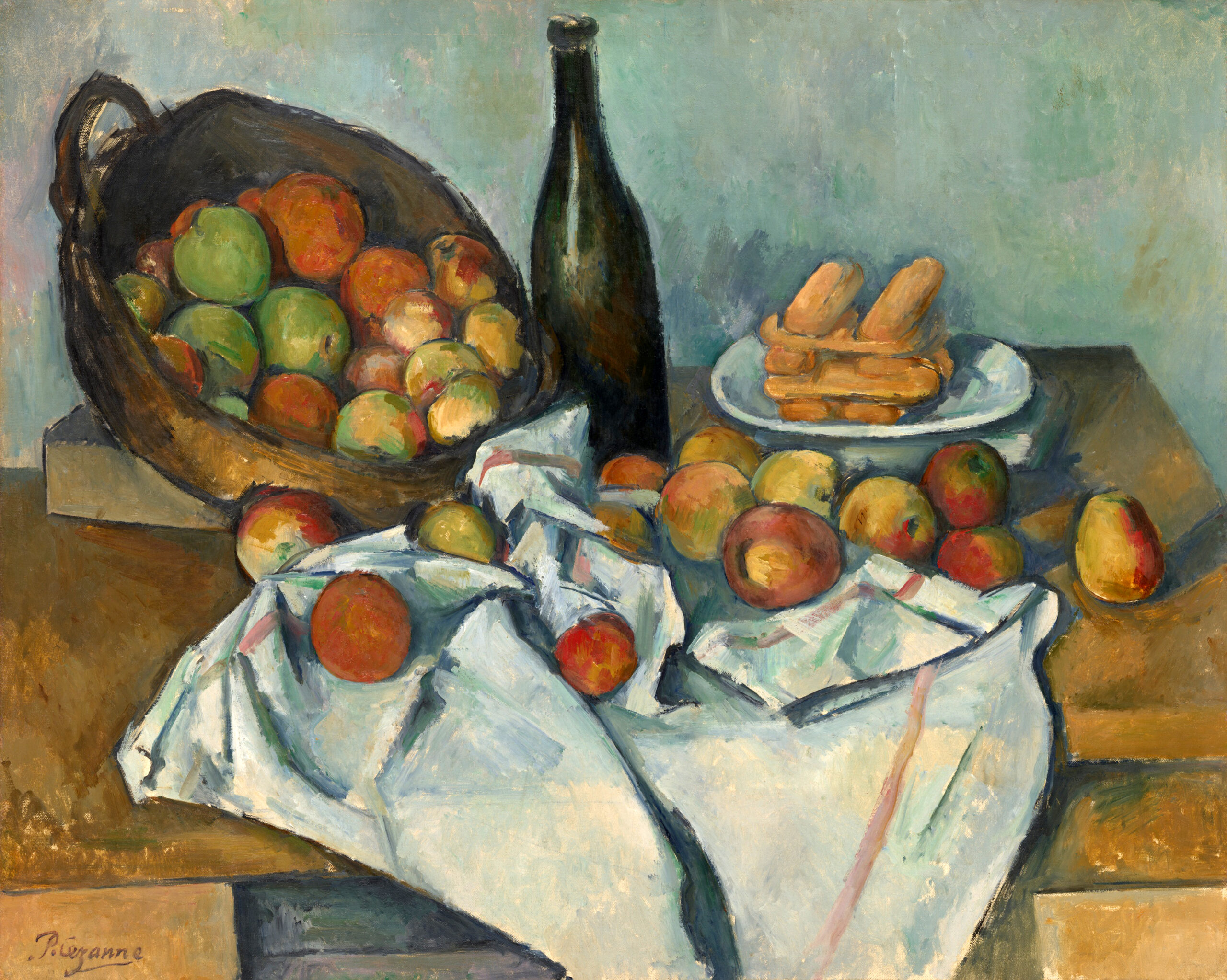 Painting of a still life scene featuring a basket filled with apples, a dark bottle, a plate with breadsticks, and a white cloth draped over a wooden table. The composition uses muted colors and soft brushstrokes to highlight textures and natural forms, emphasizing everyday objects arranged in a balanced layout.