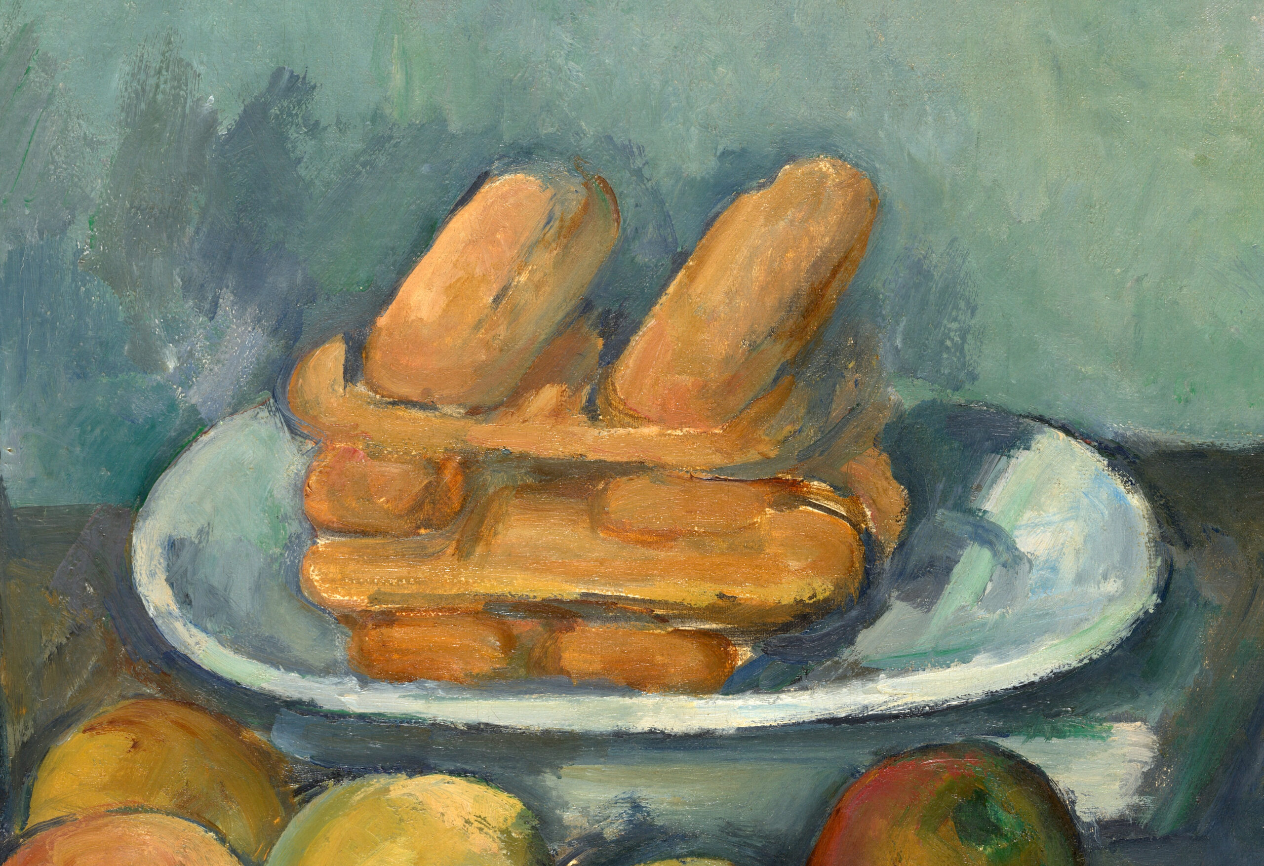 Detail of Paul Cézanne, The Basket of Apples painting of a still life featuring a white plate stacked with several éclairs, surrounded by apples and other round fruits on a dark surface. The artwork uses muted, blended colors with visible brushstrokes, emphasizing texture and form in a post-impressionist style.